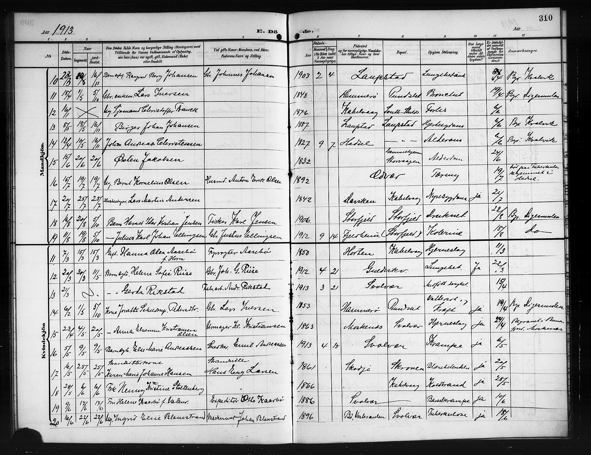 Ministerialprotokoller, klokkerbøker og fødselsregistre - Nordland, SAT/A-1459/874/L1079: Parish register (copy) no. 874C08, 1907-1915, p. 310