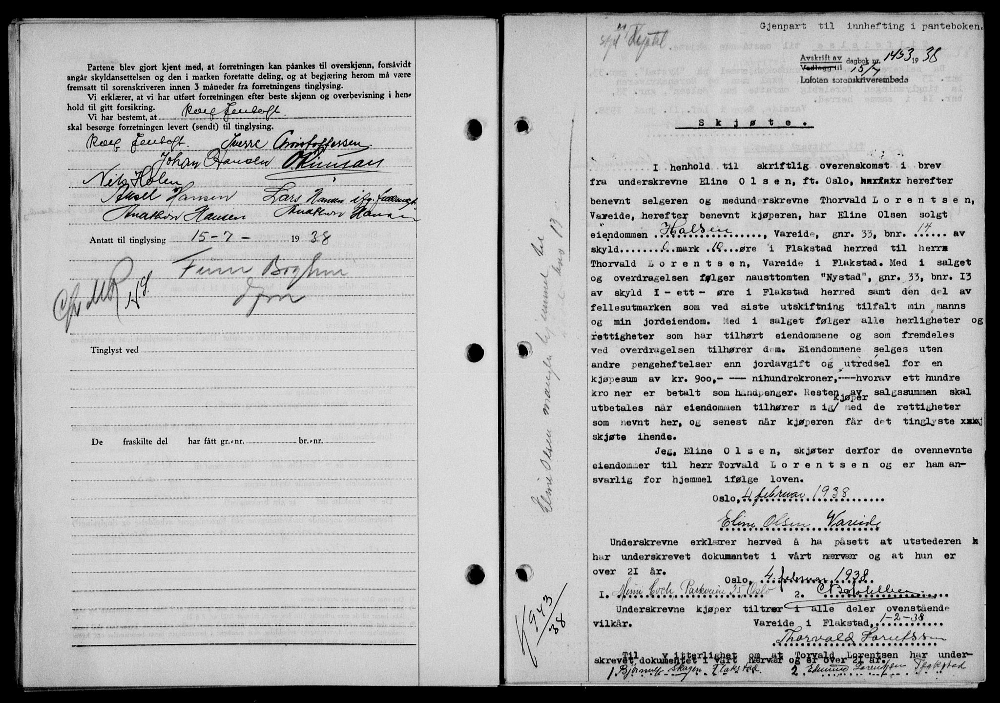 Lofoten sorenskriveri, SAT/A-0017/1/2/2C/L0004a: Mortgage book no. 4a, 1938-1938, Diary no: : 1453/1938