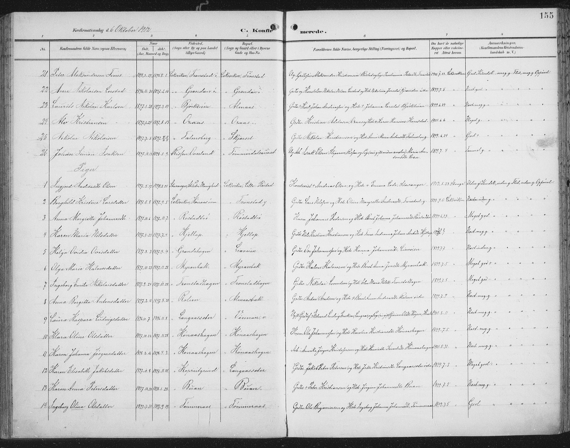 Ministerialprotokoller, klokkerbøker og fødselsregistre - Nord-Trøndelag, SAT/A-1458/701/L0011: Parish register (official) no. 701A11, 1899-1915, p. 155