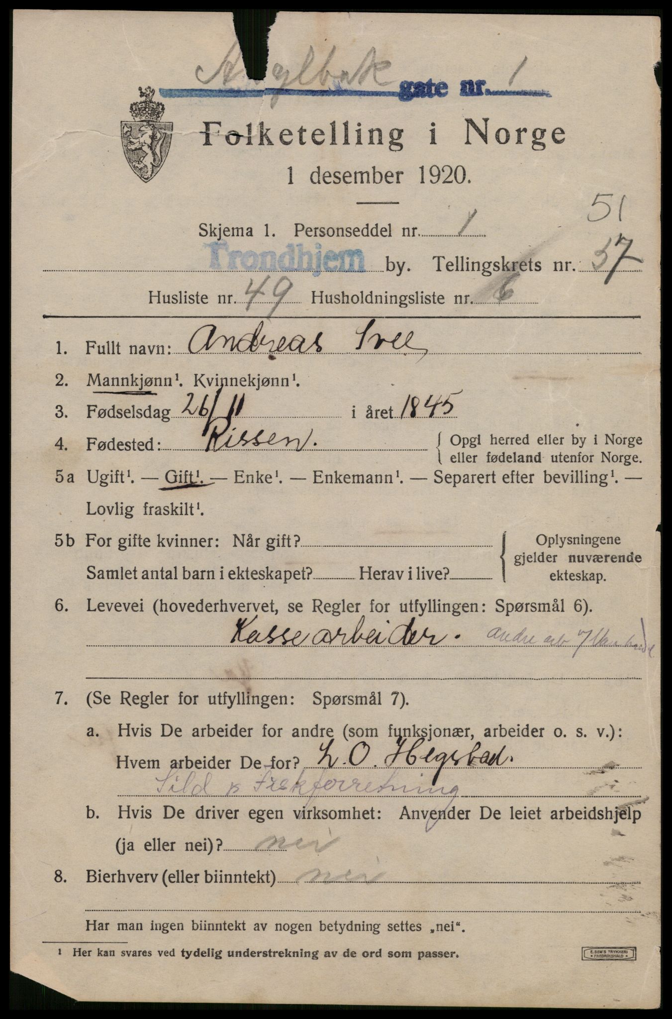 SAT, 1920 census for Trondheim, 1920, p. 106482