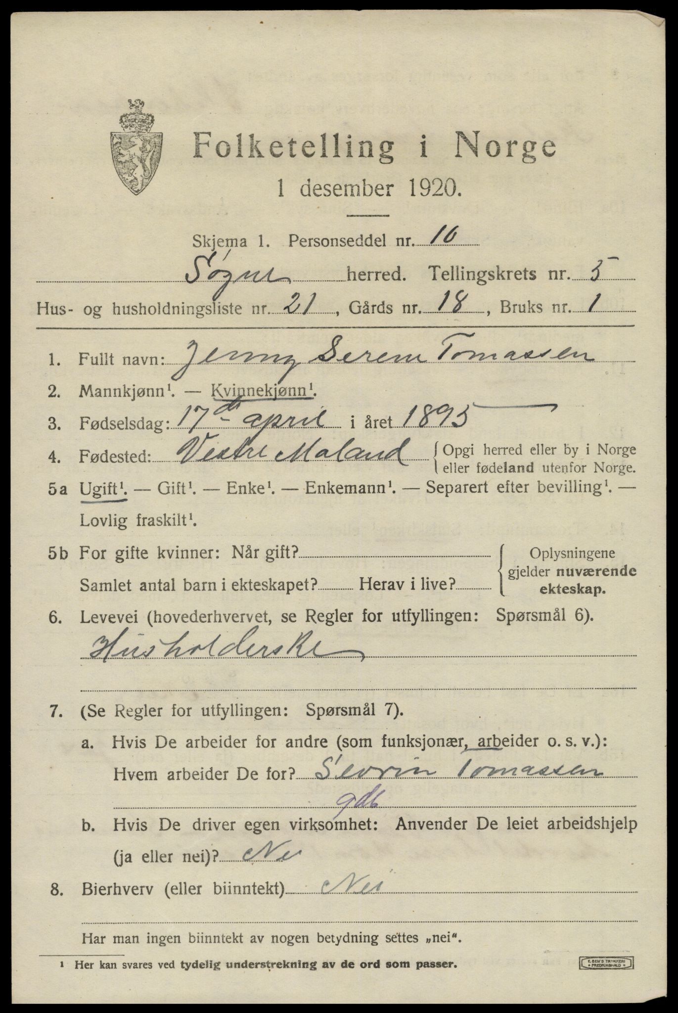 SAK, 1920 census for Søgne, 1920, p. 2475