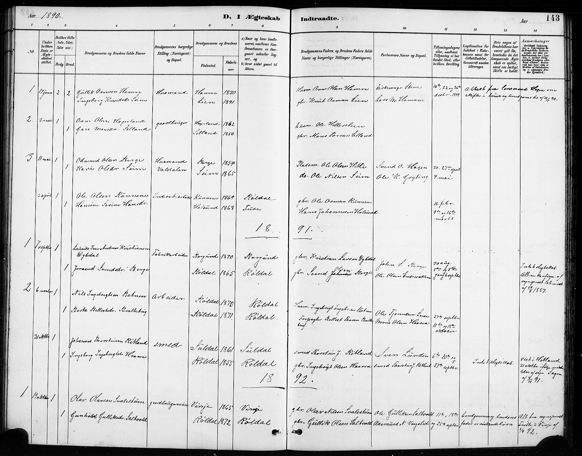 Røldal sokneprestembete, SAB/A-100247: Parish register (copy) no. A 3, 1887-1917, p. 143