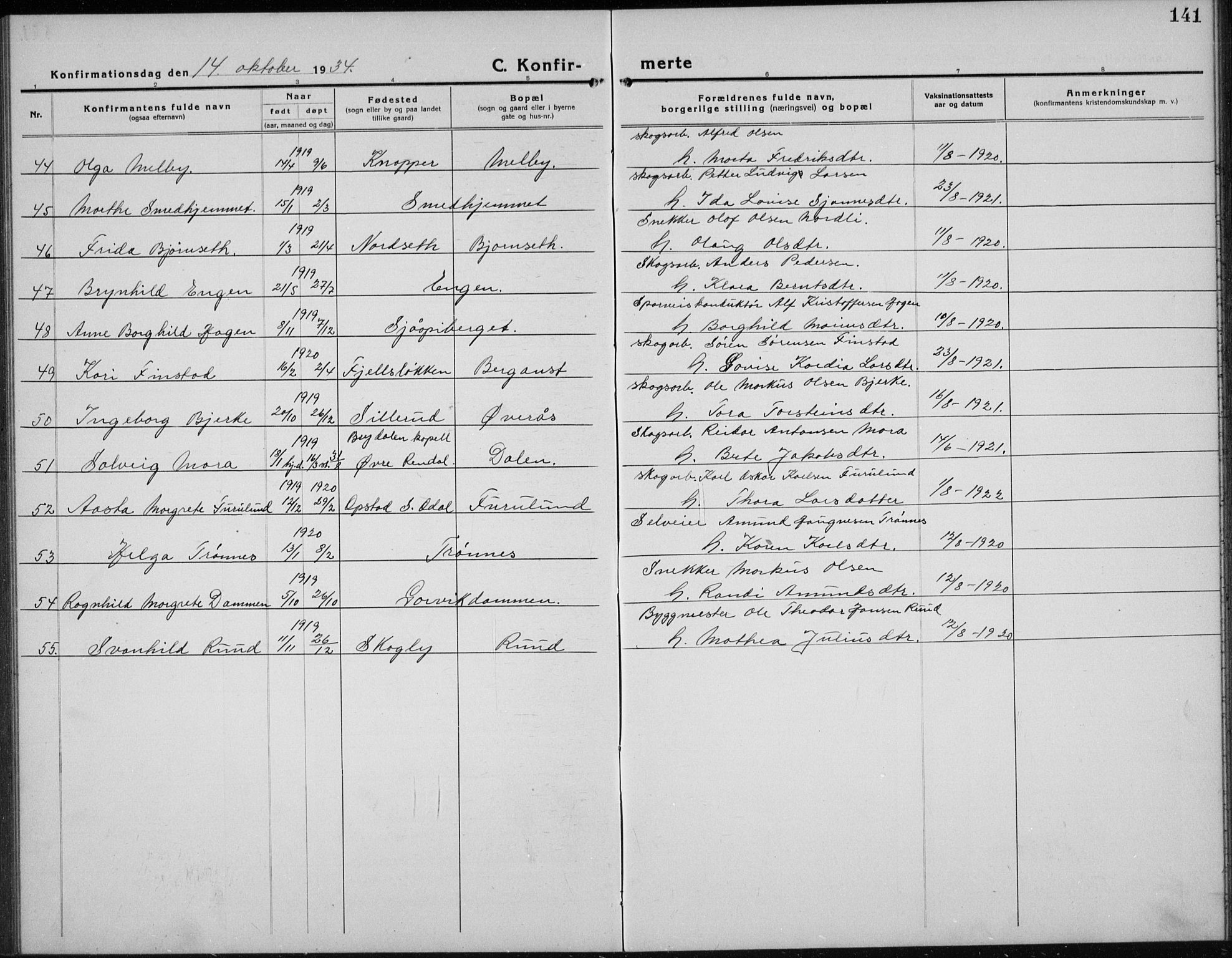 Nord-Odal prestekontor, AV/SAH-PREST-032/H/Ha/Hab/L0004: Parish register (copy) no. 4, 1921-1936, p. 141