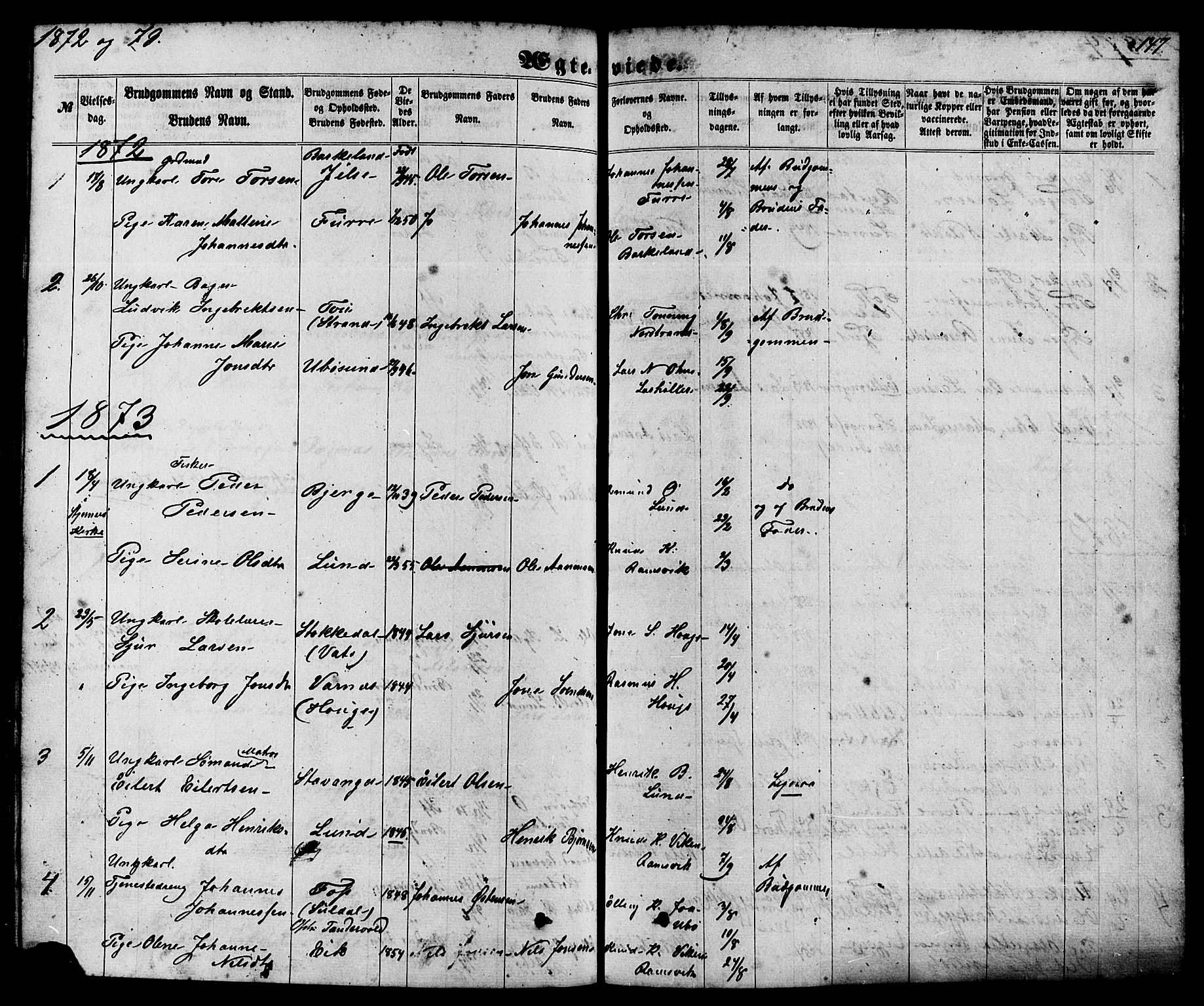 Nedstrand sokneprestkontor, AV/SAST-A-101841/01/IV: Parish register (official) no. A 10, 1861-1887, p. 147
