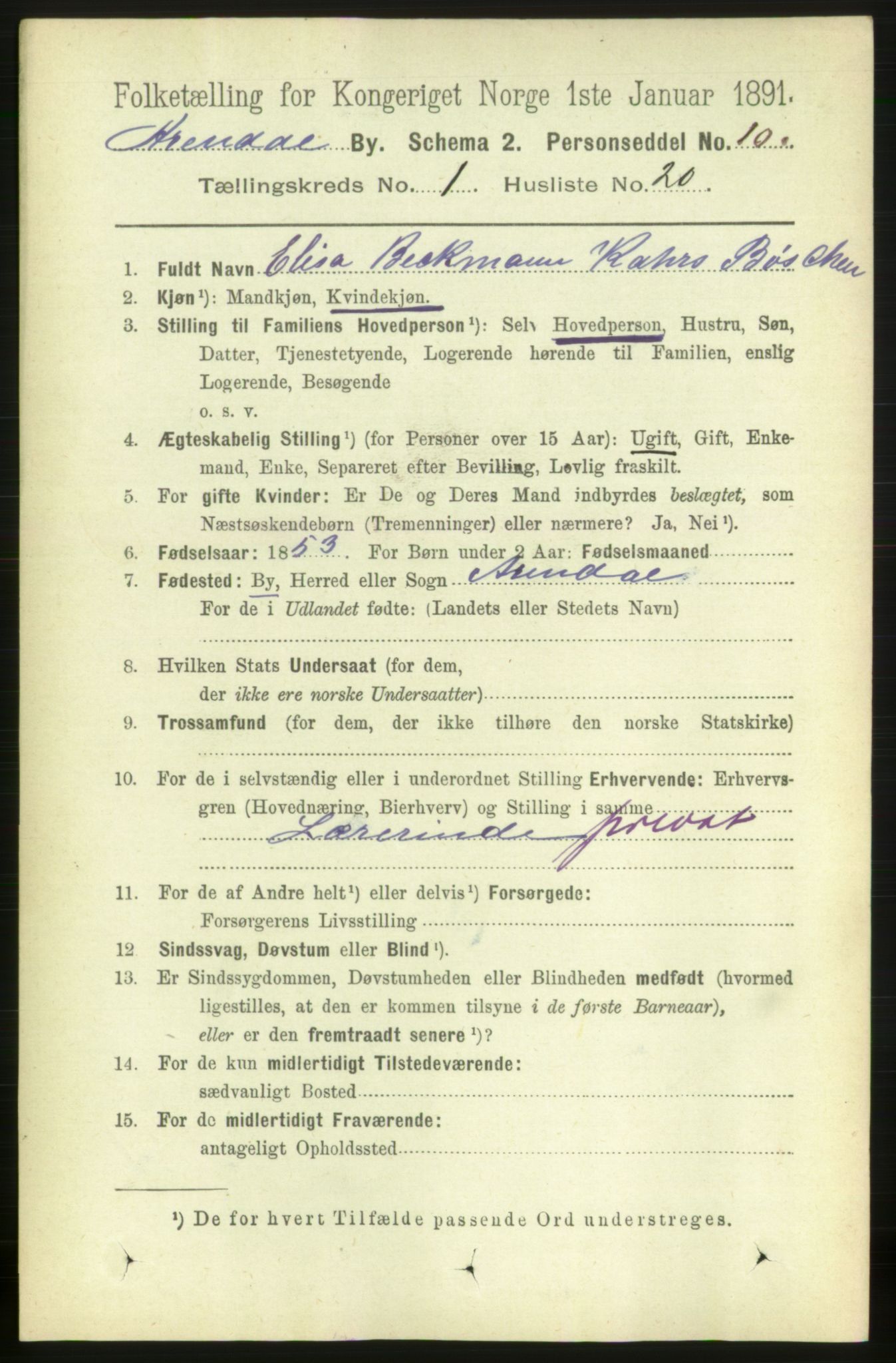 RA, 1891 census for 0903 Arendal, 1891, p. 1208