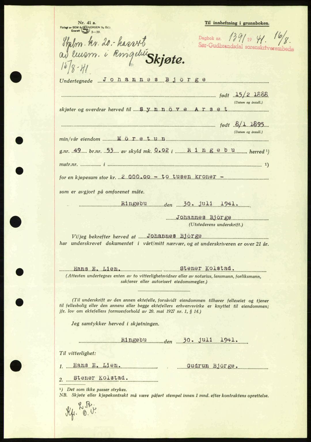 Sør-Gudbrandsdal tingrett, SAH/TING-004/H/Hb/Hbd/L0009: Mortgage book no. A9, 1941-1941, Diary no: : 1391/1941