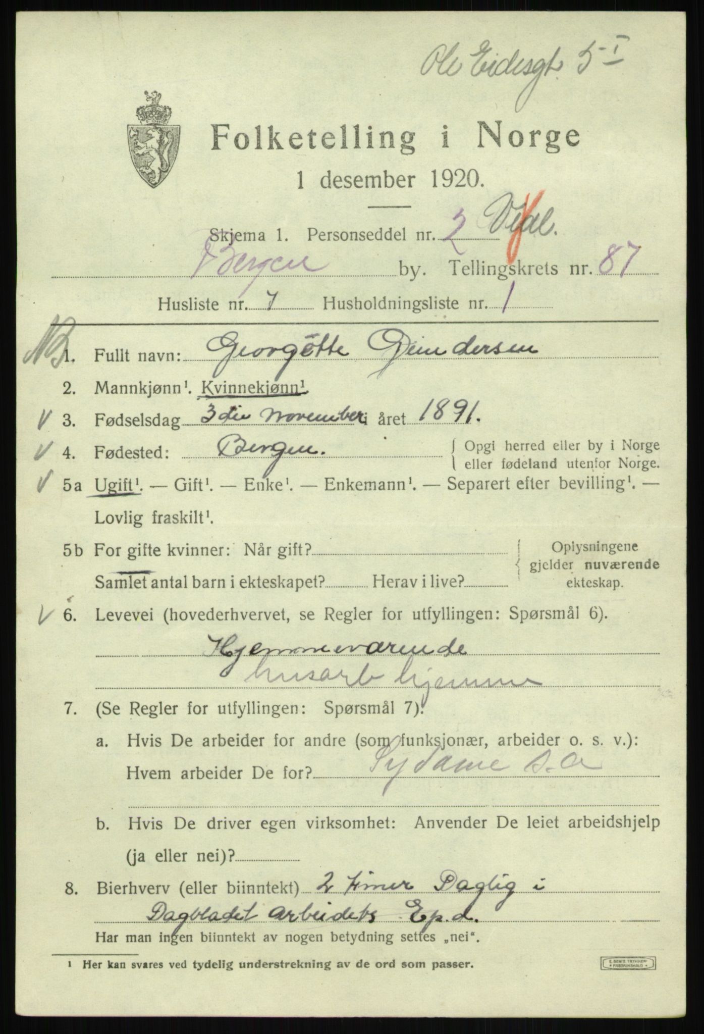 SAB, 1920 census for Bergen, 1920, p. 159434