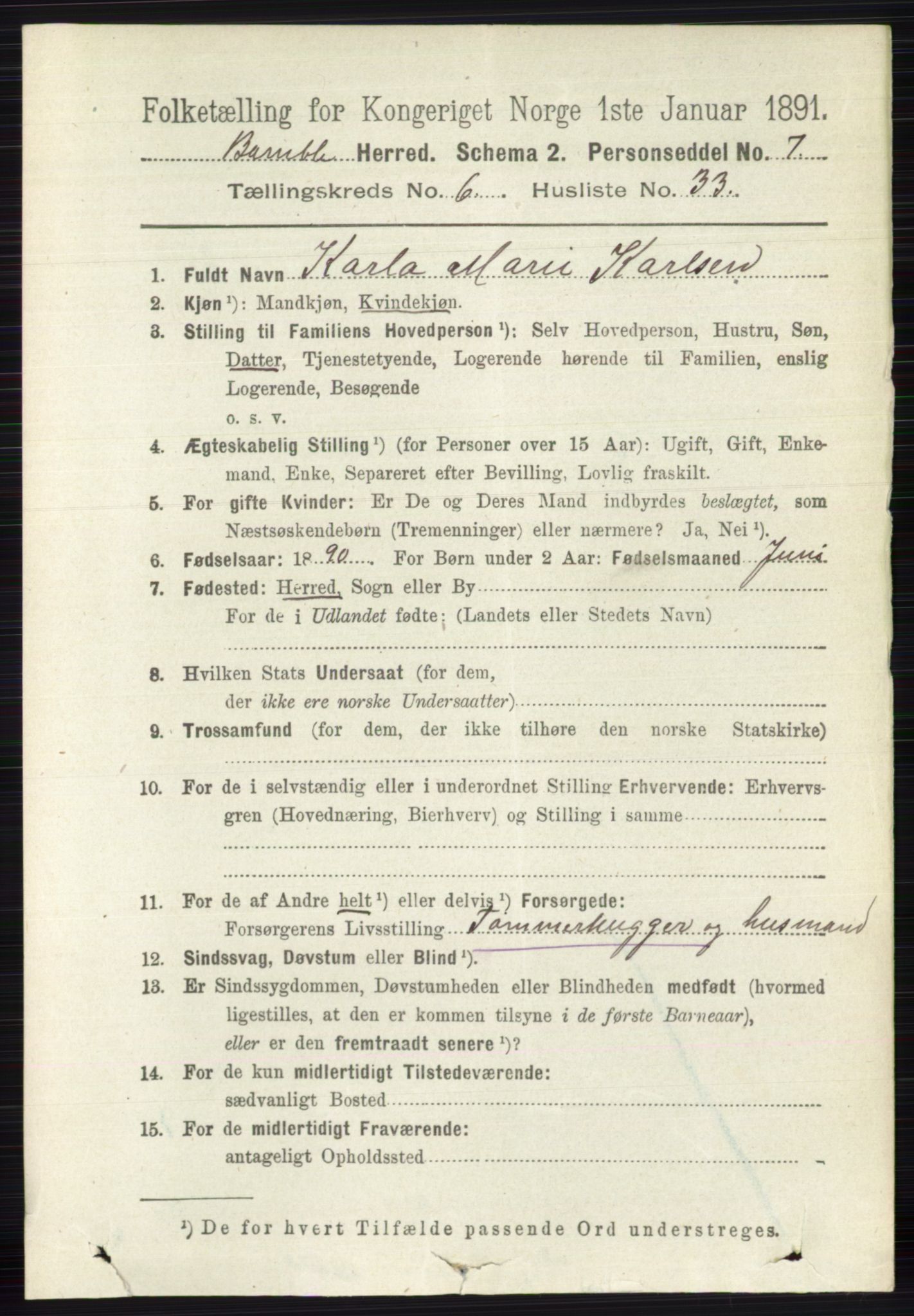 RA, 1891 census for 0814 Bamble, 1891, p. 2890