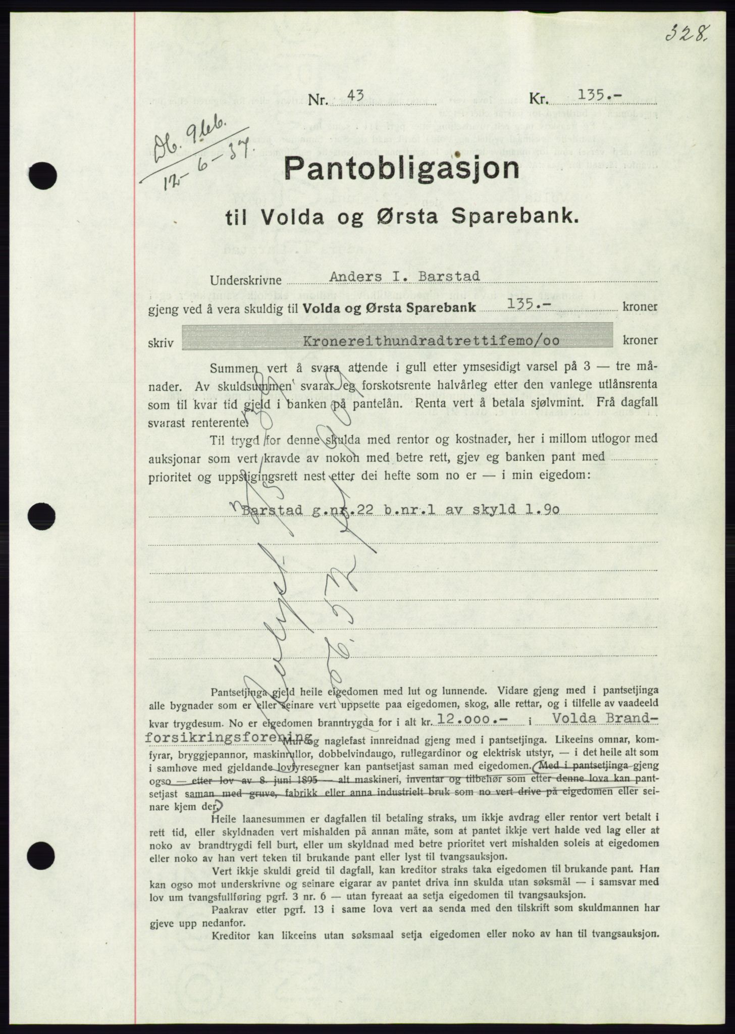 Søre Sunnmøre sorenskriveri, AV/SAT-A-4122/1/2/2C/L0063: Mortgage book no. 57, 1937-1937, Diary no: : 966/1937