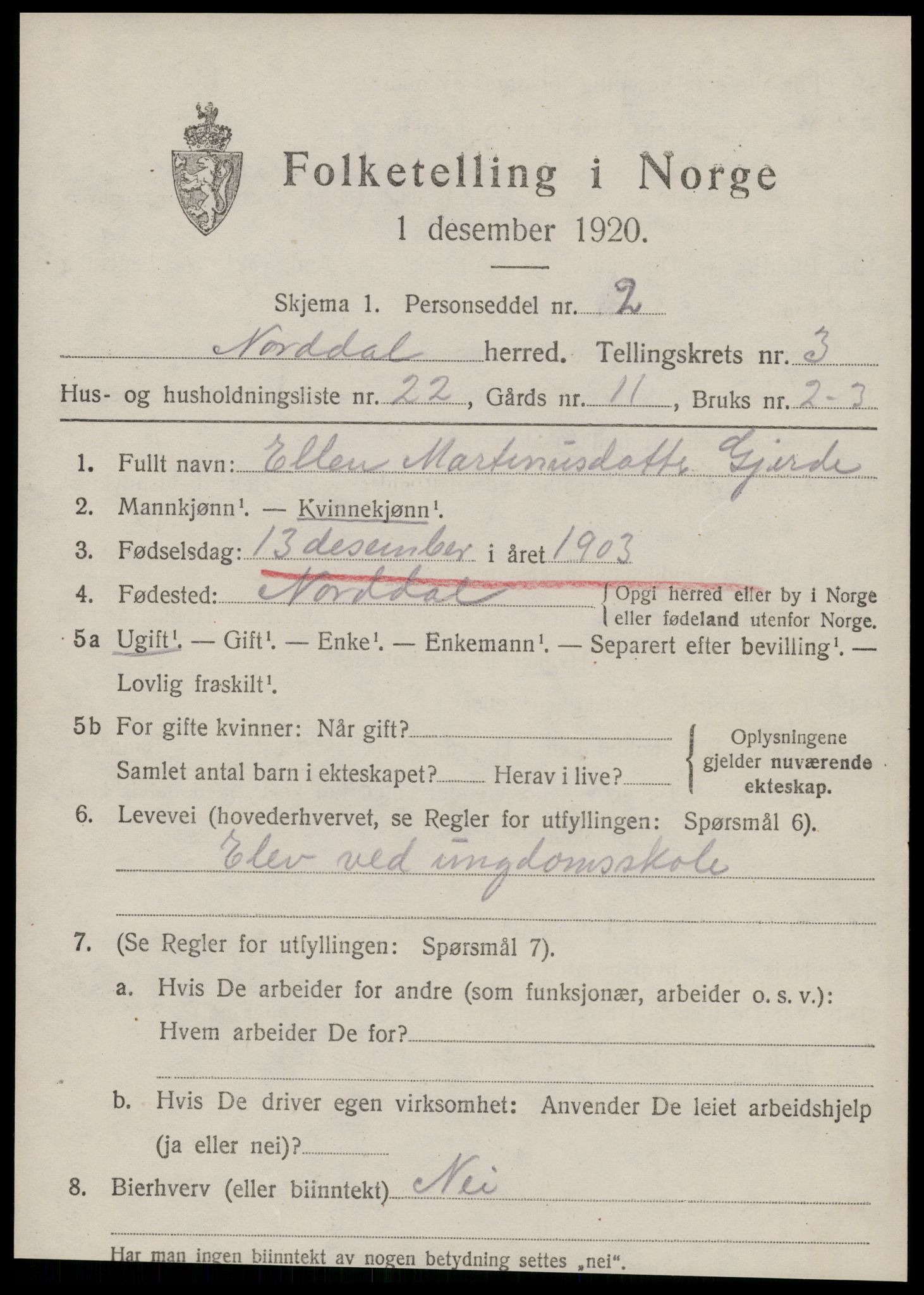 SAT, 1920 census for Norddal, 1920, p. 2495