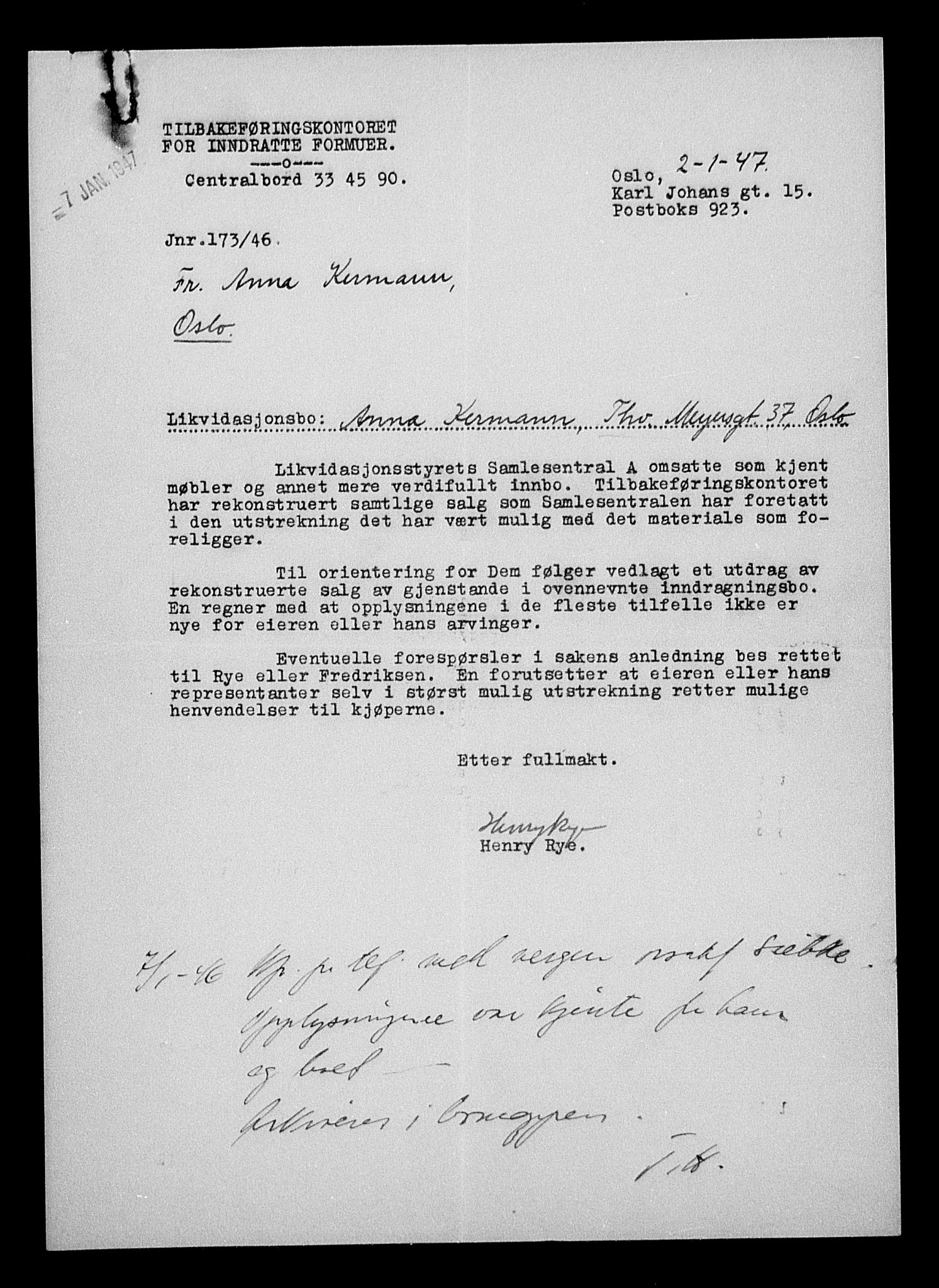 Justisdepartementet, Tilbakeføringskontoret for inndratte formuer, AV/RA-S-1564/H/Hc/Hcc/L0950: --, 1945-1947, p. 522