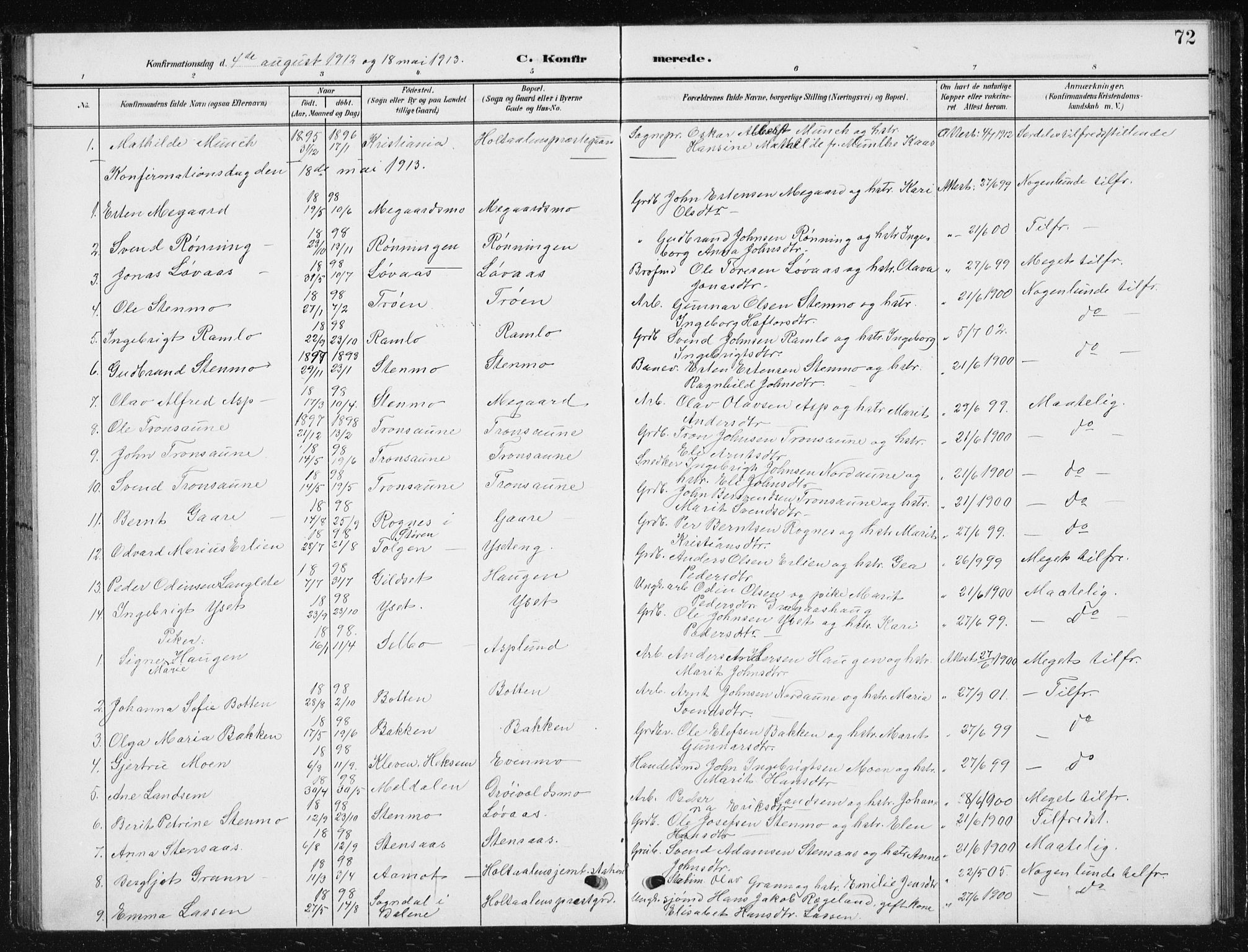 Ministerialprotokoller, klokkerbøker og fødselsregistre - Sør-Trøndelag, SAT/A-1456/685/L0979: Parish register (copy) no. 685C04, 1908-1933, p. 72