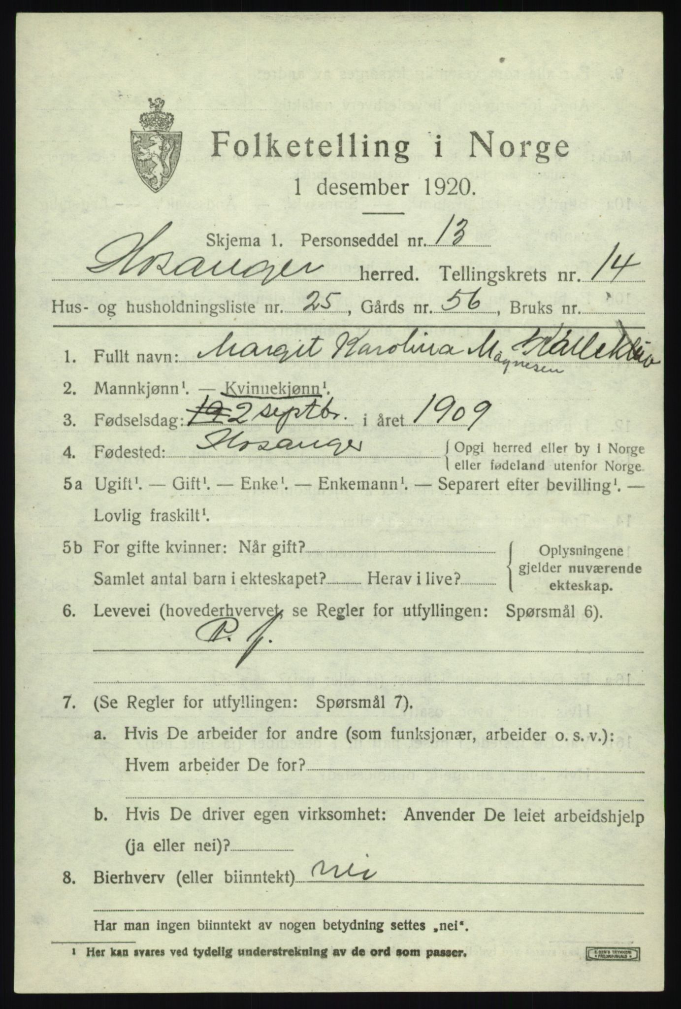 SAB, 1920 census for Hosanger, 1920, p. 5801