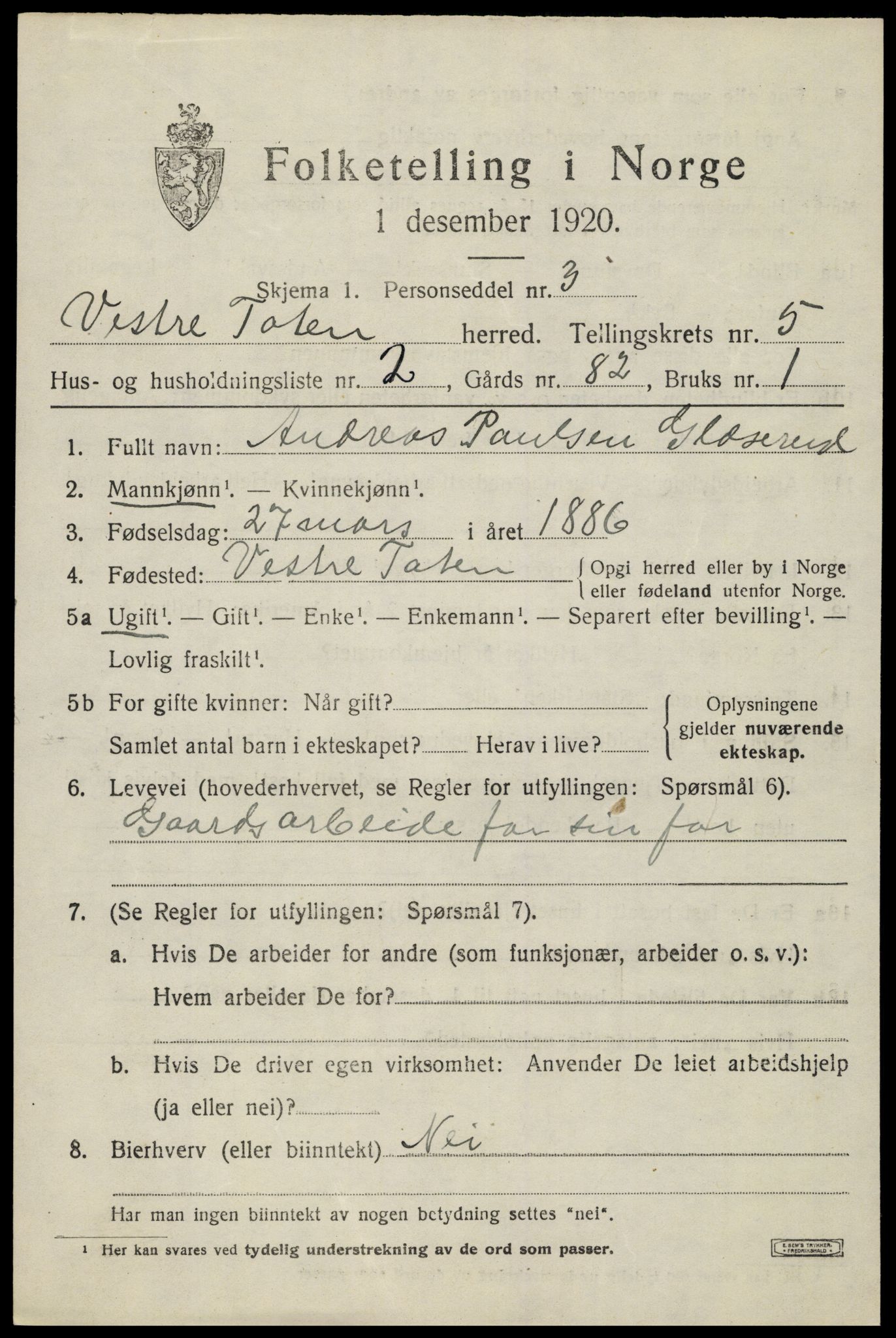 SAH, 1920 census for Vestre Toten, 1920, p. 7298