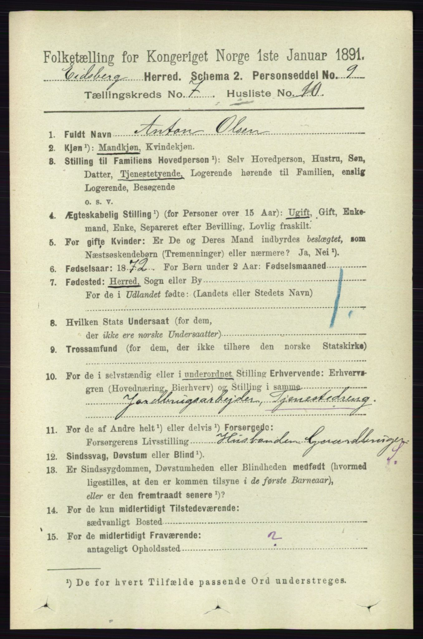 RA, 1891 census for 0125 Eidsberg, 1891, p. 4184