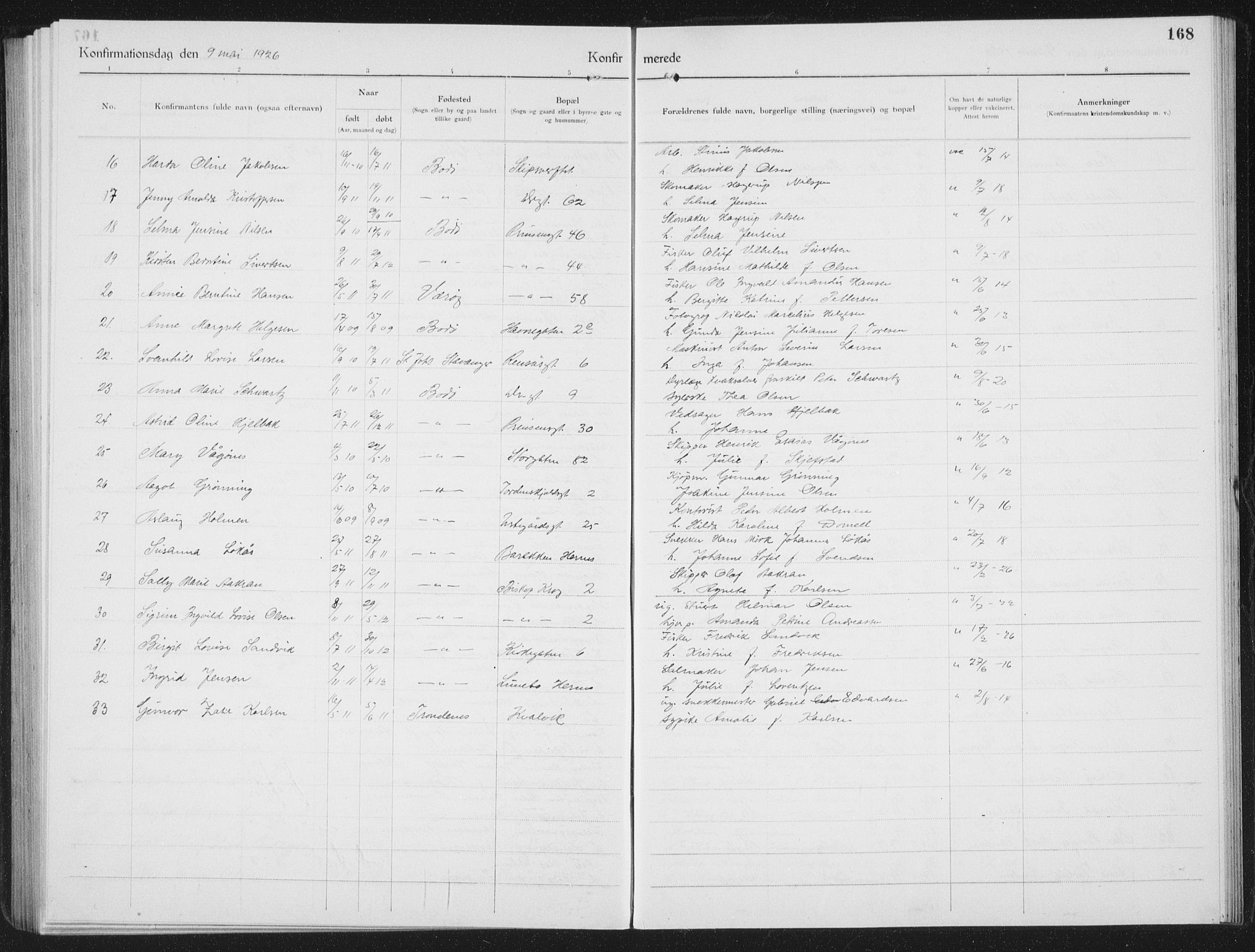 Ministerialprotokoller, klokkerbøker og fødselsregistre - Nordland, SAT/A-1459/801/L0037: Parish register (copy) no. 801C12, 1921-1937, p. 168