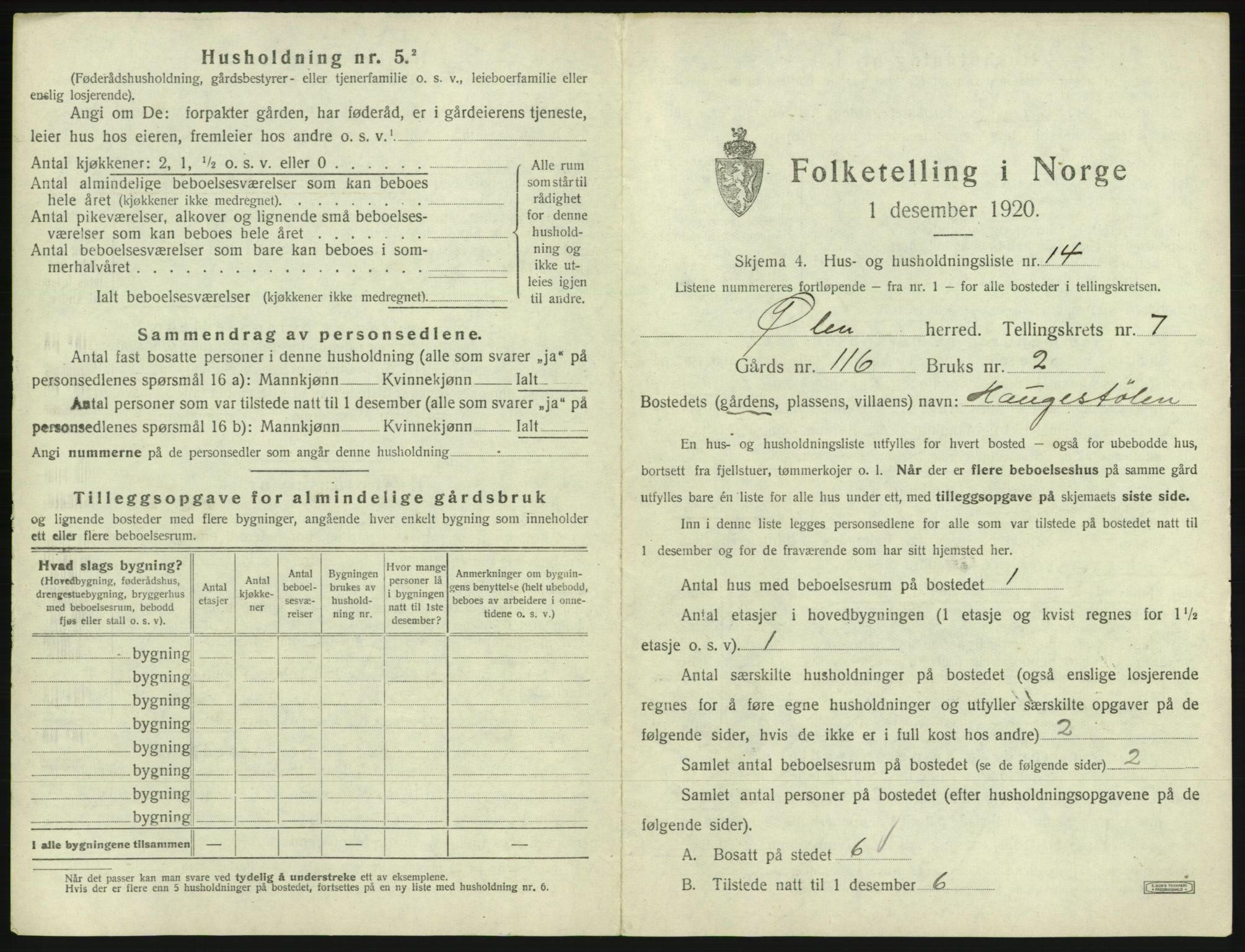SAB, 1920 census for Ølen, 1920, p. 541