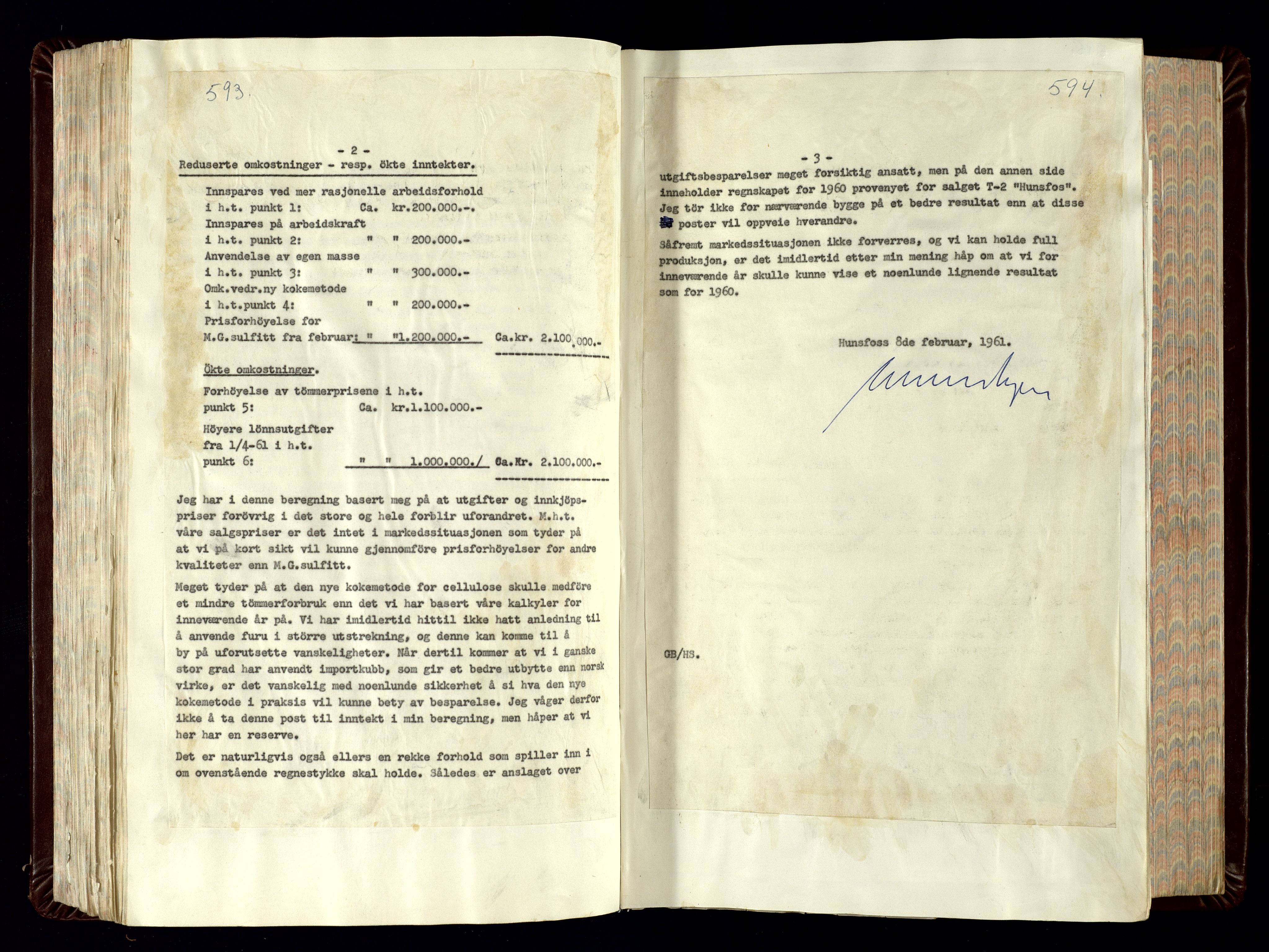 Hunsfos fabrikker, AV/SAK-D/1440/02/L0007: Referatprotokoll fra styremøter (møte nr 114-221), 1951-1964, p. 593-594