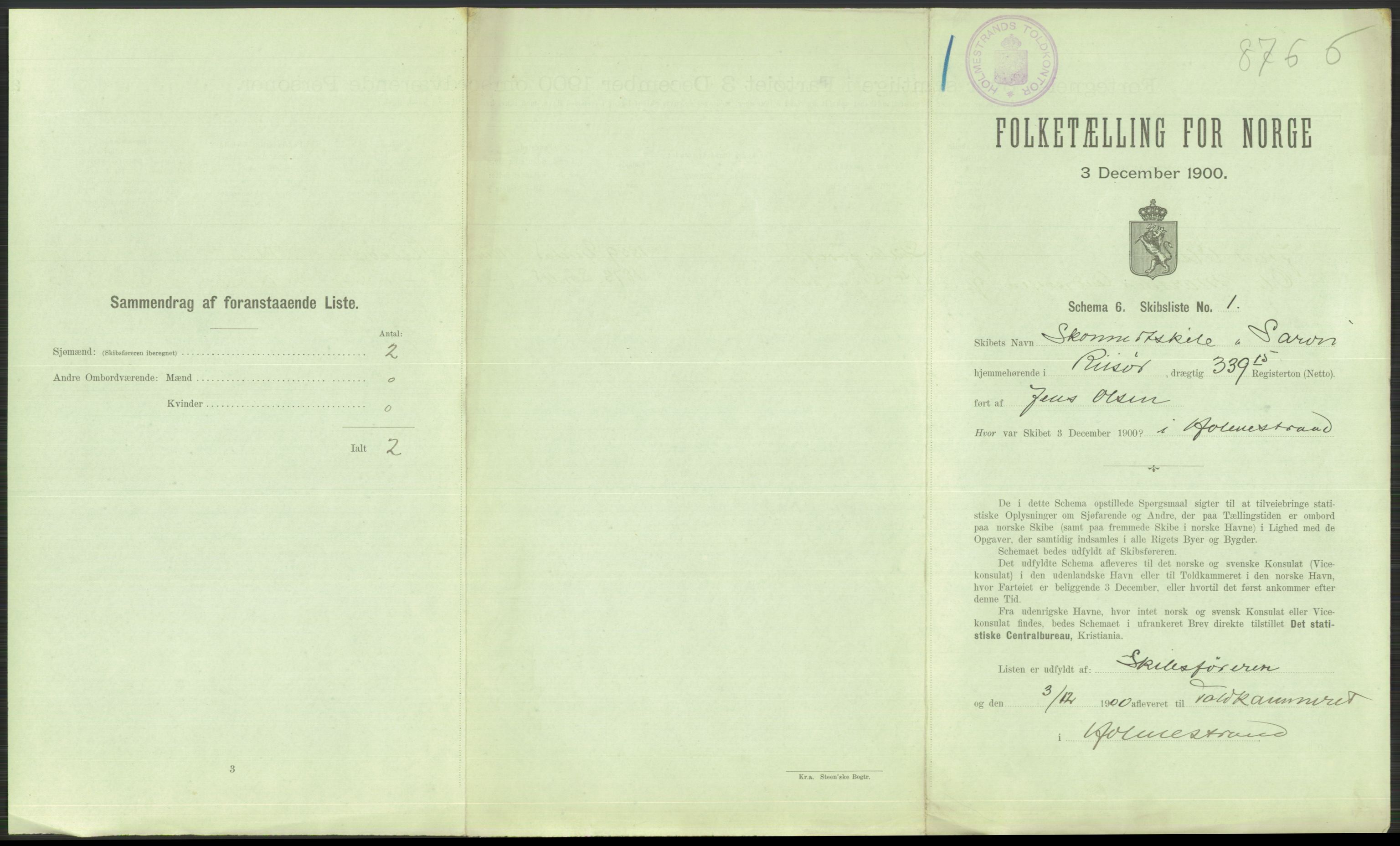 RA, 1900 Census - ship lists from ships in Norwegian harbours, harbours abroad and at sea, 1900, p. 409