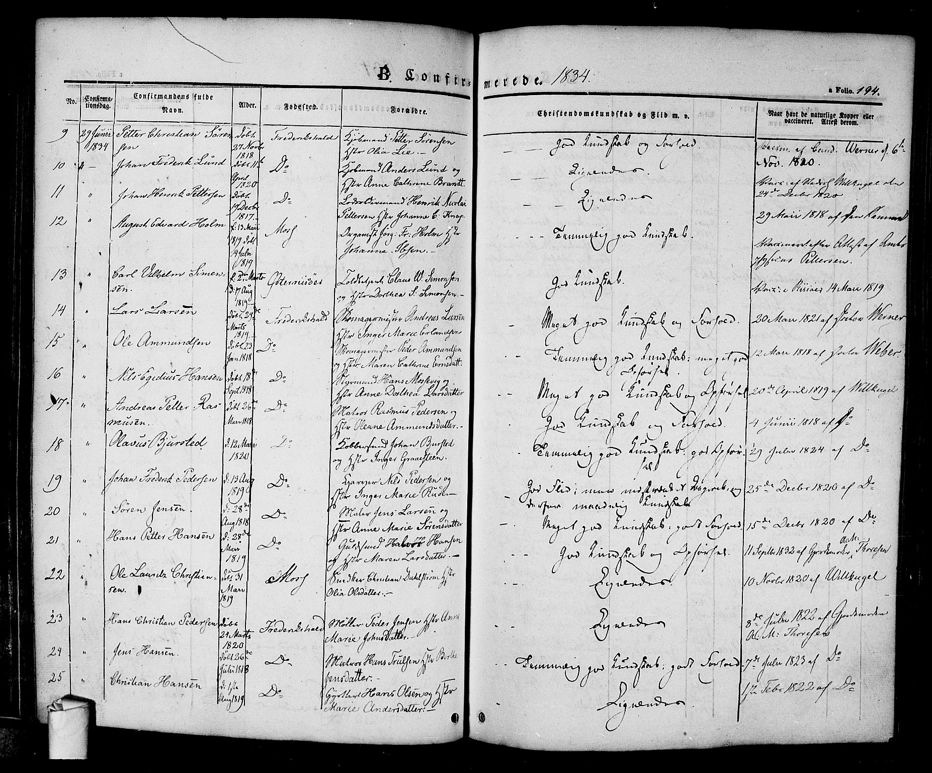 Halden prestekontor Kirkebøker, SAO/A-10909/F/Fa/L0005: Parish register (official) no. I 5, 1834-1845, p. 194