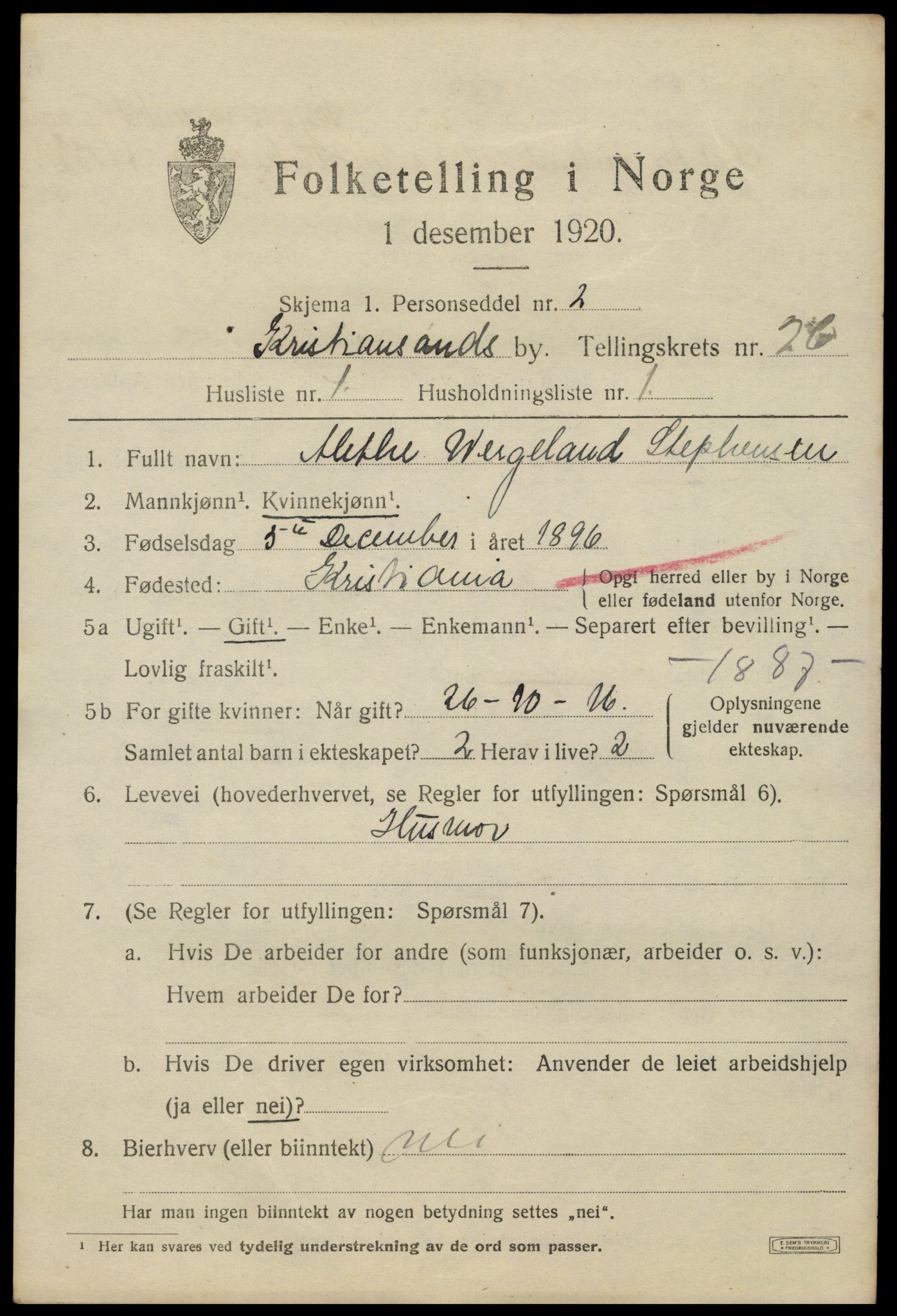 SAK, 1920 census for Kristiansand, 1920, p. 44849