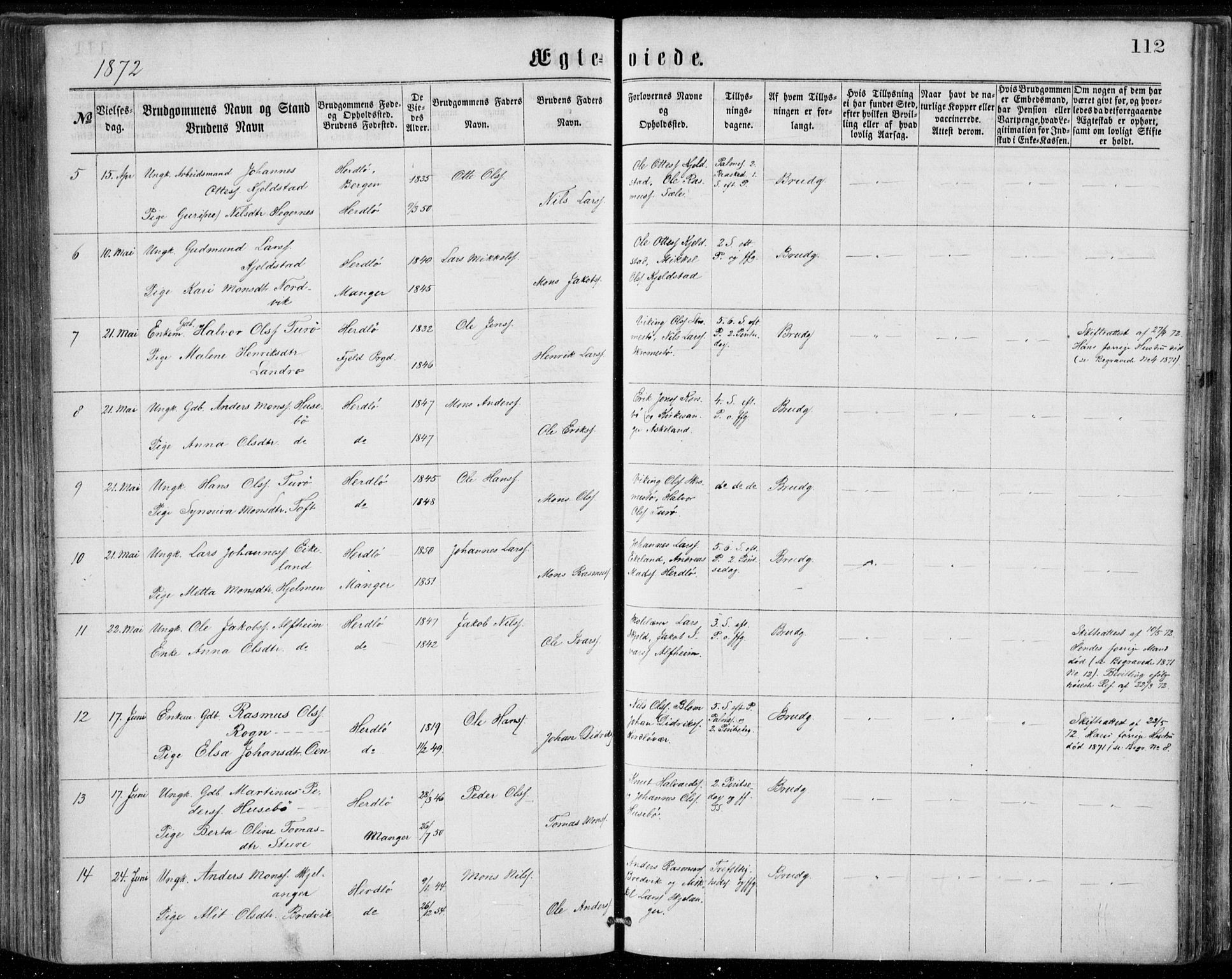 Herdla Sokneprestembete, AV/SAB-A-75701/H/Haa: Parish register (official) no. A 2, 1869-1877, p. 112