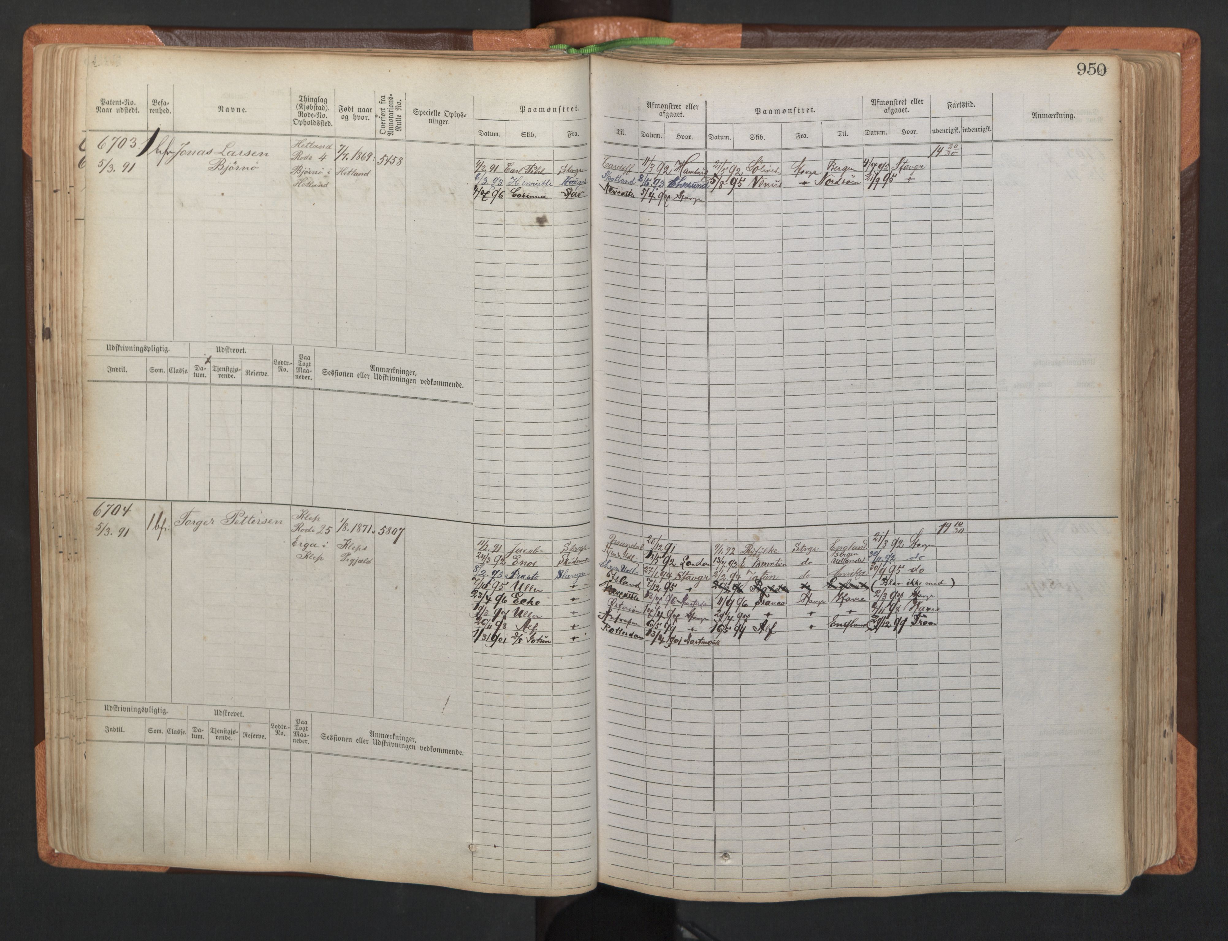 Stavanger sjømannskontor, AV/SAST-A-102006/F/Fb/Fbb/L0011: Sjøfartshovedrulle, patentnr. 6607-7206 (del 2), 1887-1896, p. 53