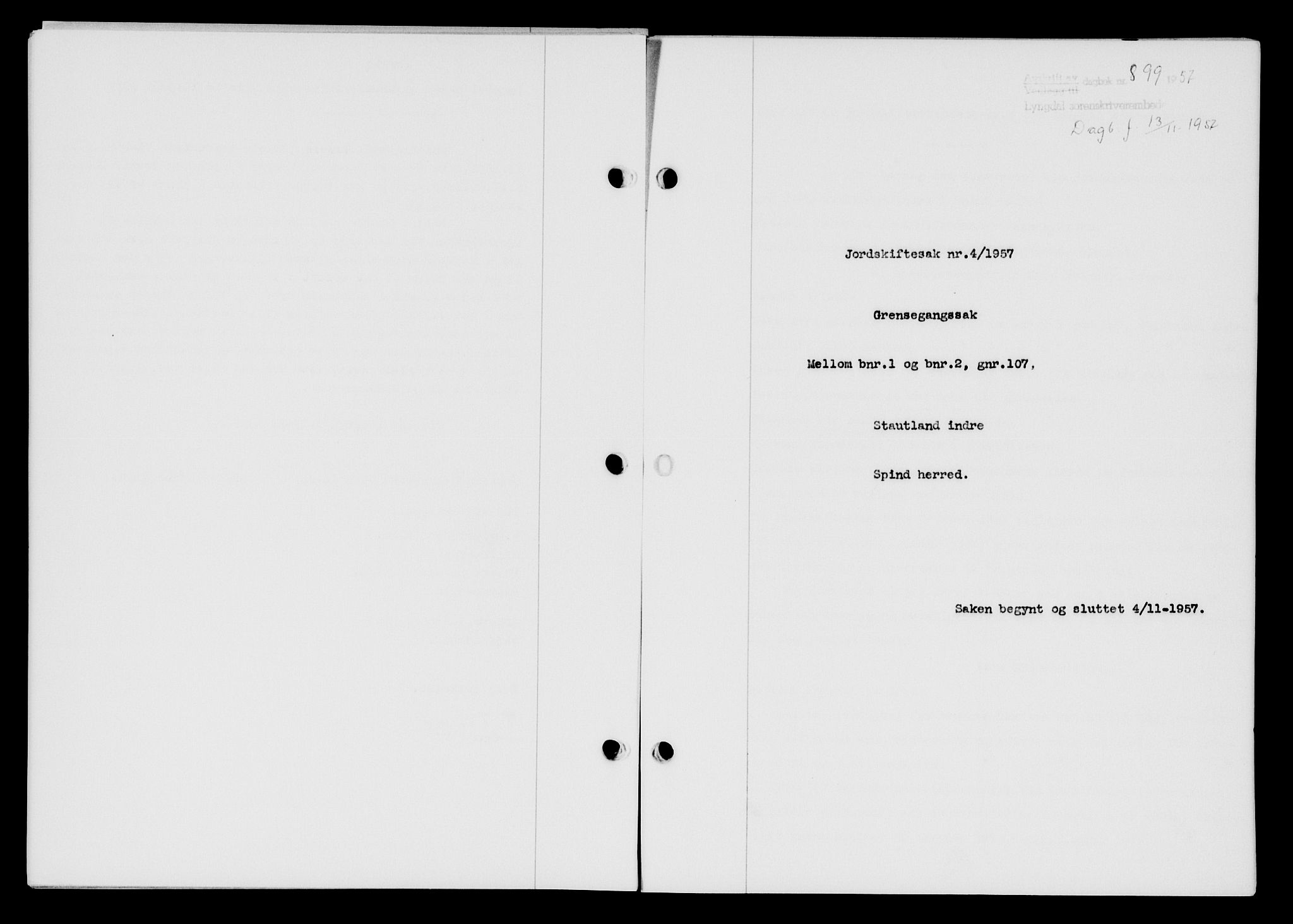 Lyngdal sorenskriveri, AV/SAK-1221-0004/G/Gb/L0676: Mortgage book no. A XXII, 1957-1957, Diary no: : 899/1957