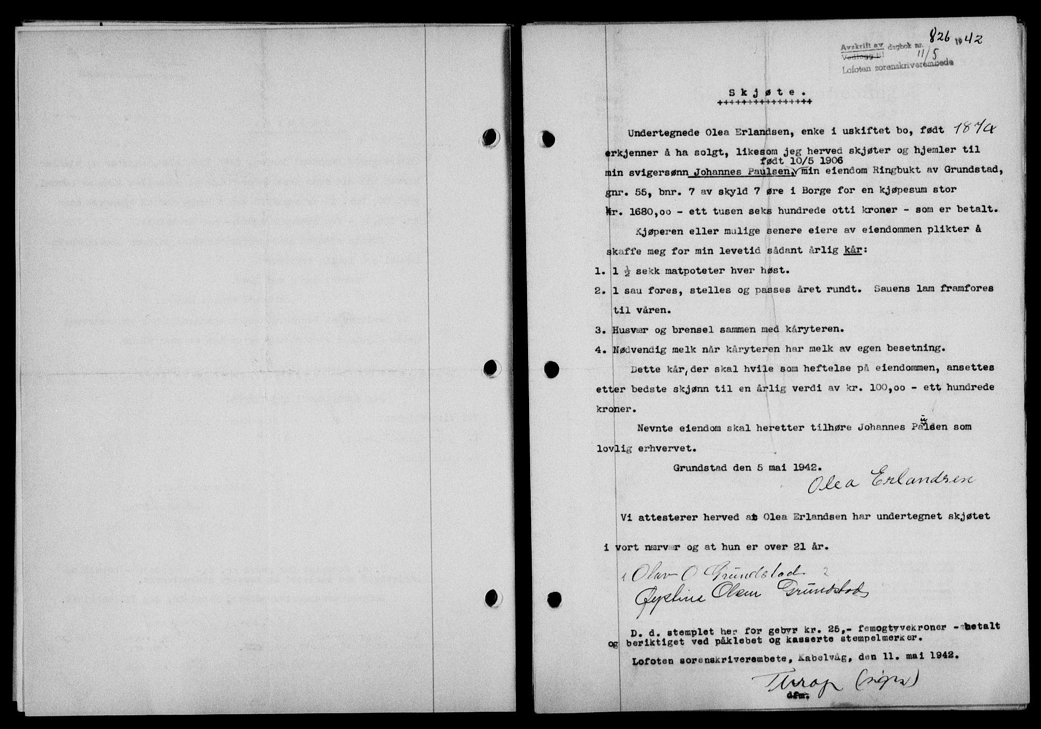 Lofoten sorenskriveri, SAT/A-0017/1/2/2C/L0009a: Mortgage book no. 9a, 1941-1942, Diary no: : 826/1942