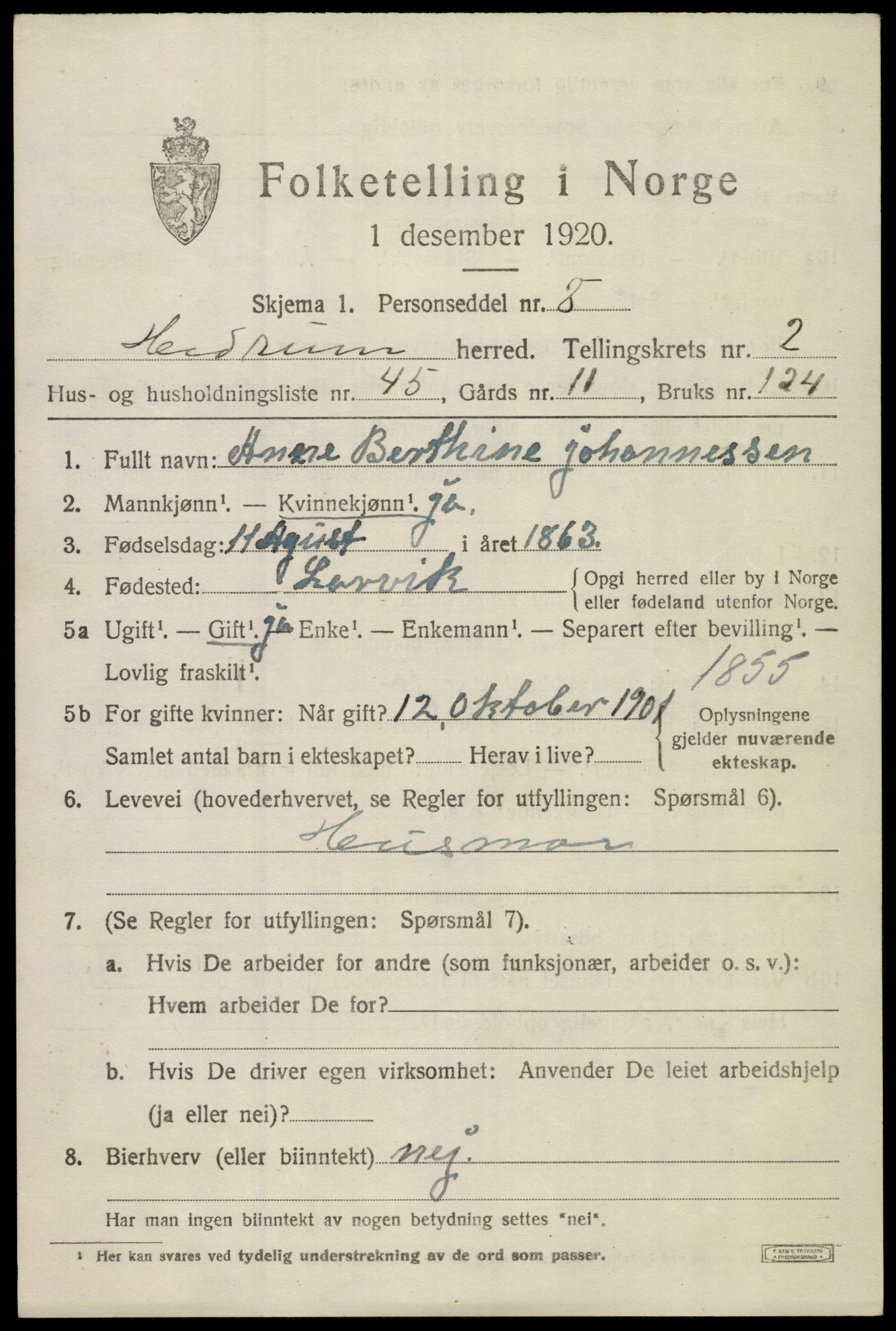 SAKO, 1920 census for Hedrum, 1920, p. 3039