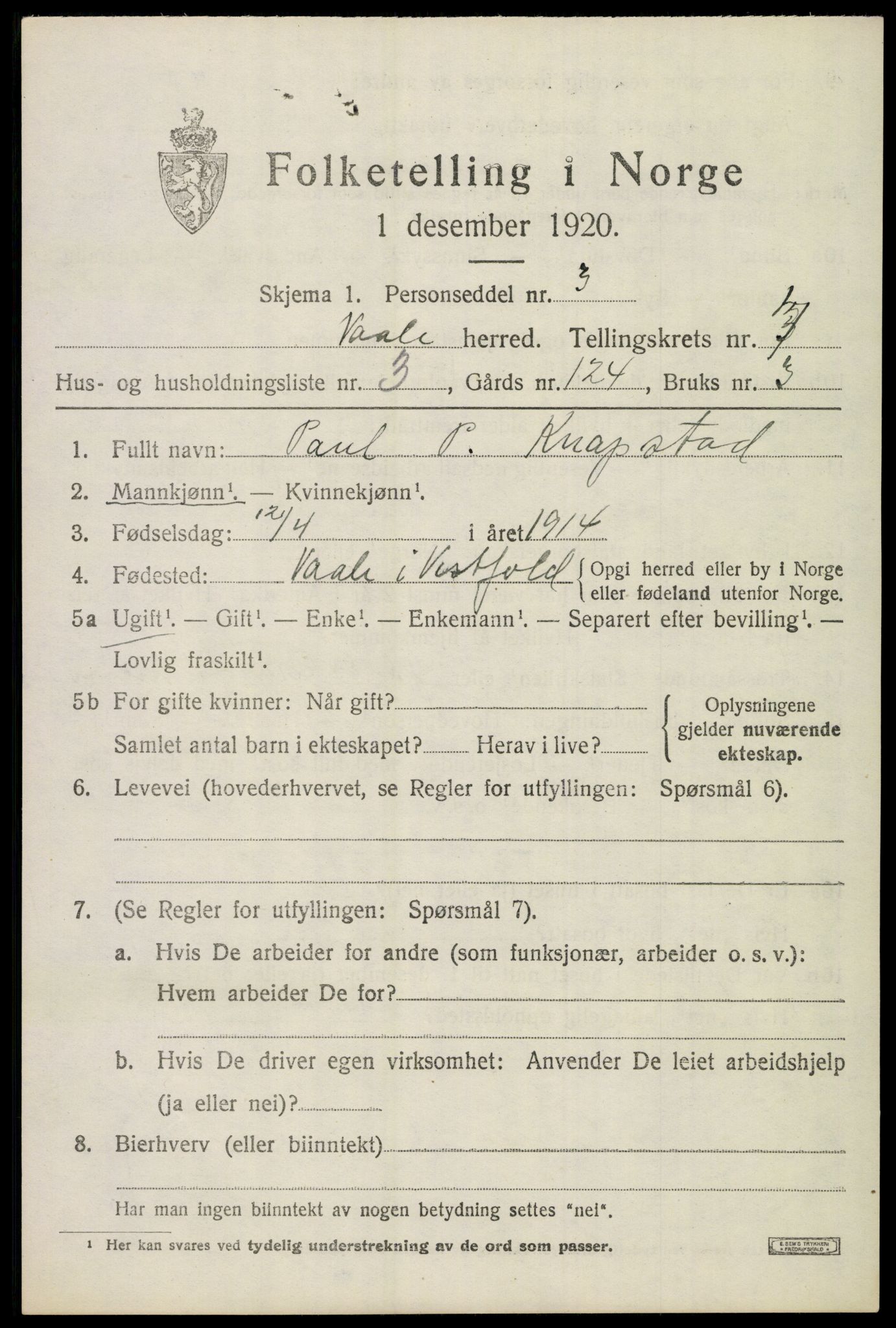 SAKO, 1920 census for Våle, 1920, p. 5524