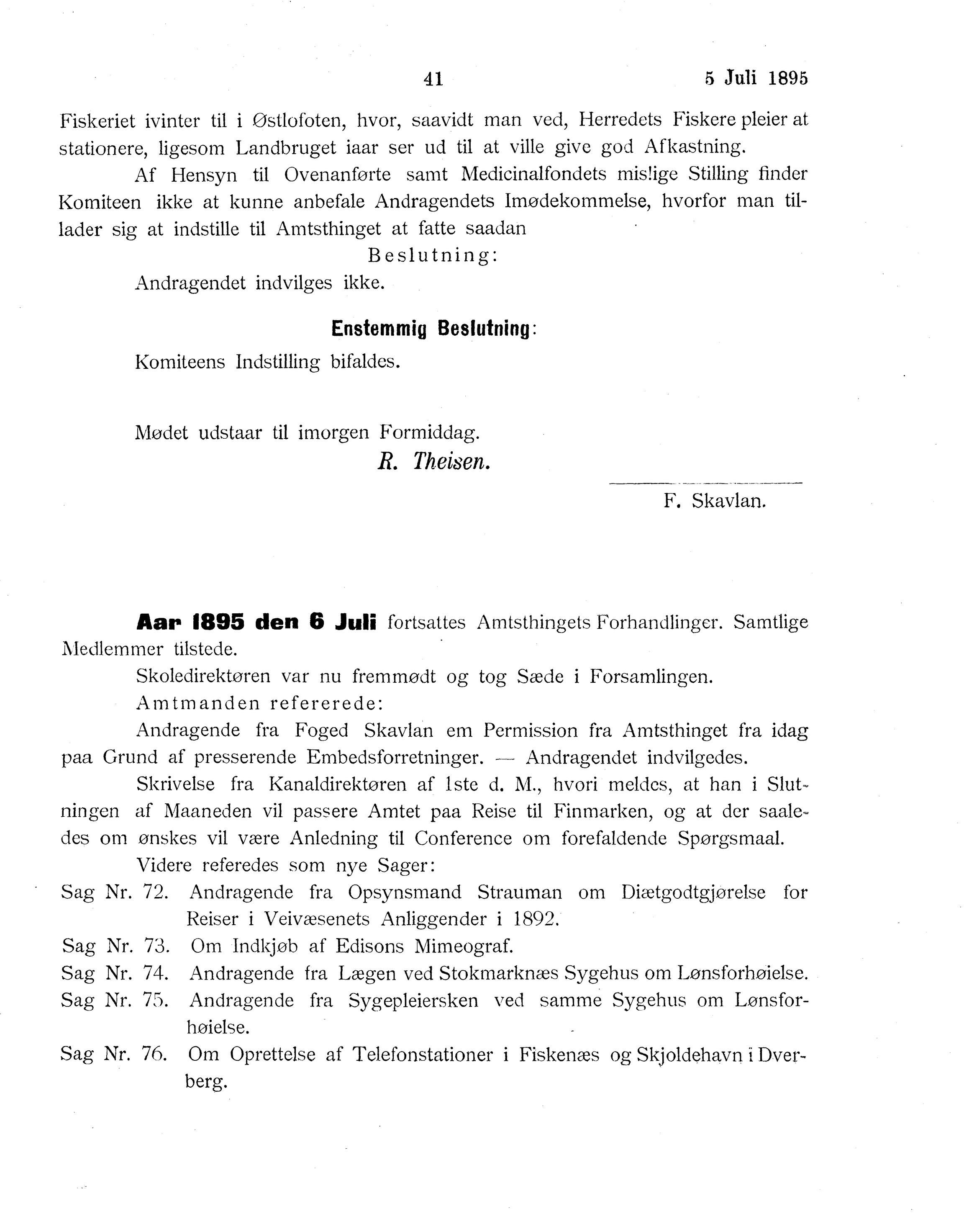 Nordland Fylkeskommune. Fylkestinget, AIN/NFK-17/176/A/Ac/L0018: Fylkestingsforhandlinger 1895, 1895, p. 41