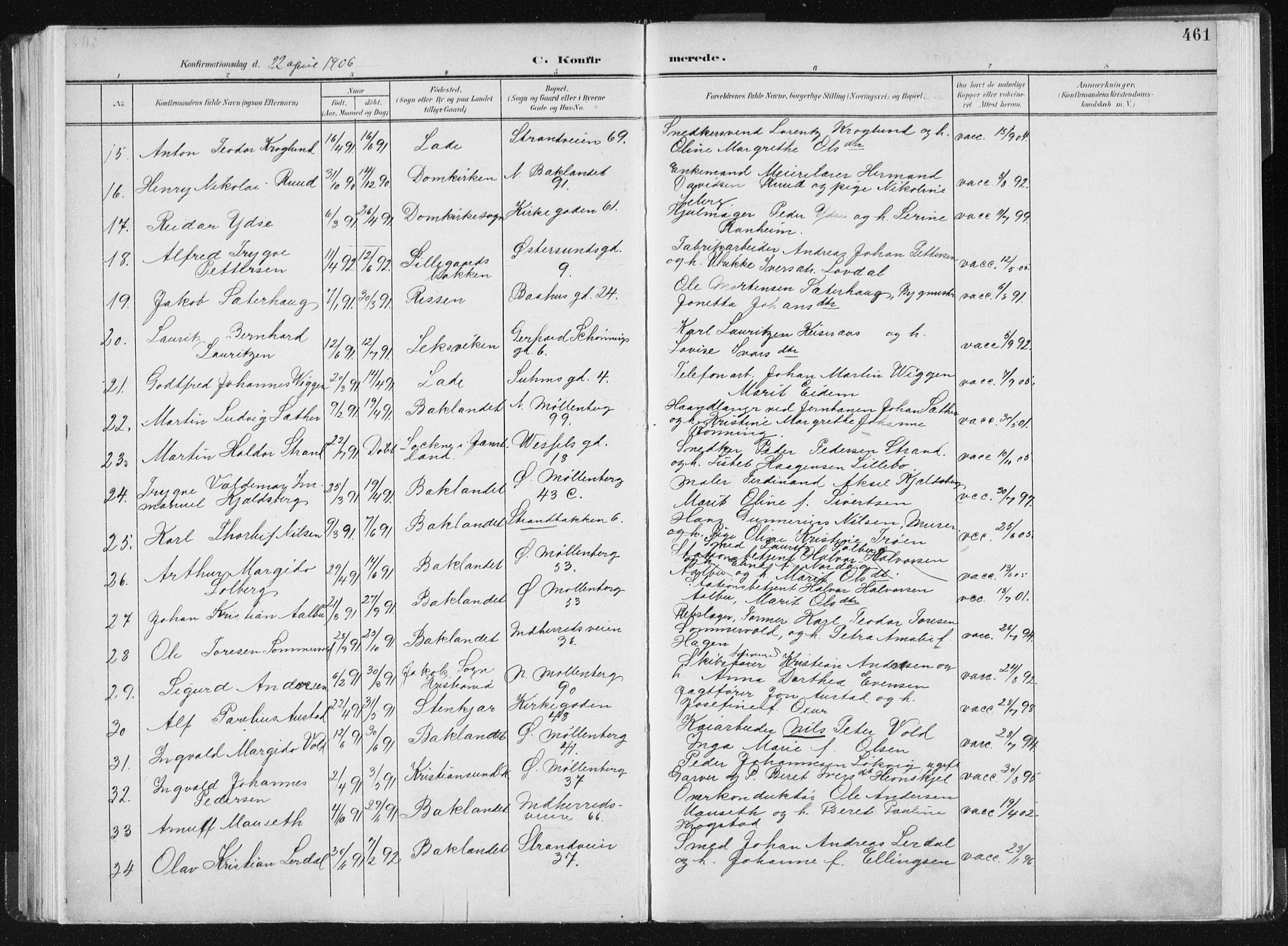 Ministerialprotokoller, klokkerbøker og fødselsregistre - Sør-Trøndelag, SAT/A-1456/604/L0200: Parish register (official) no. 604A20II, 1901-1908, p. 461