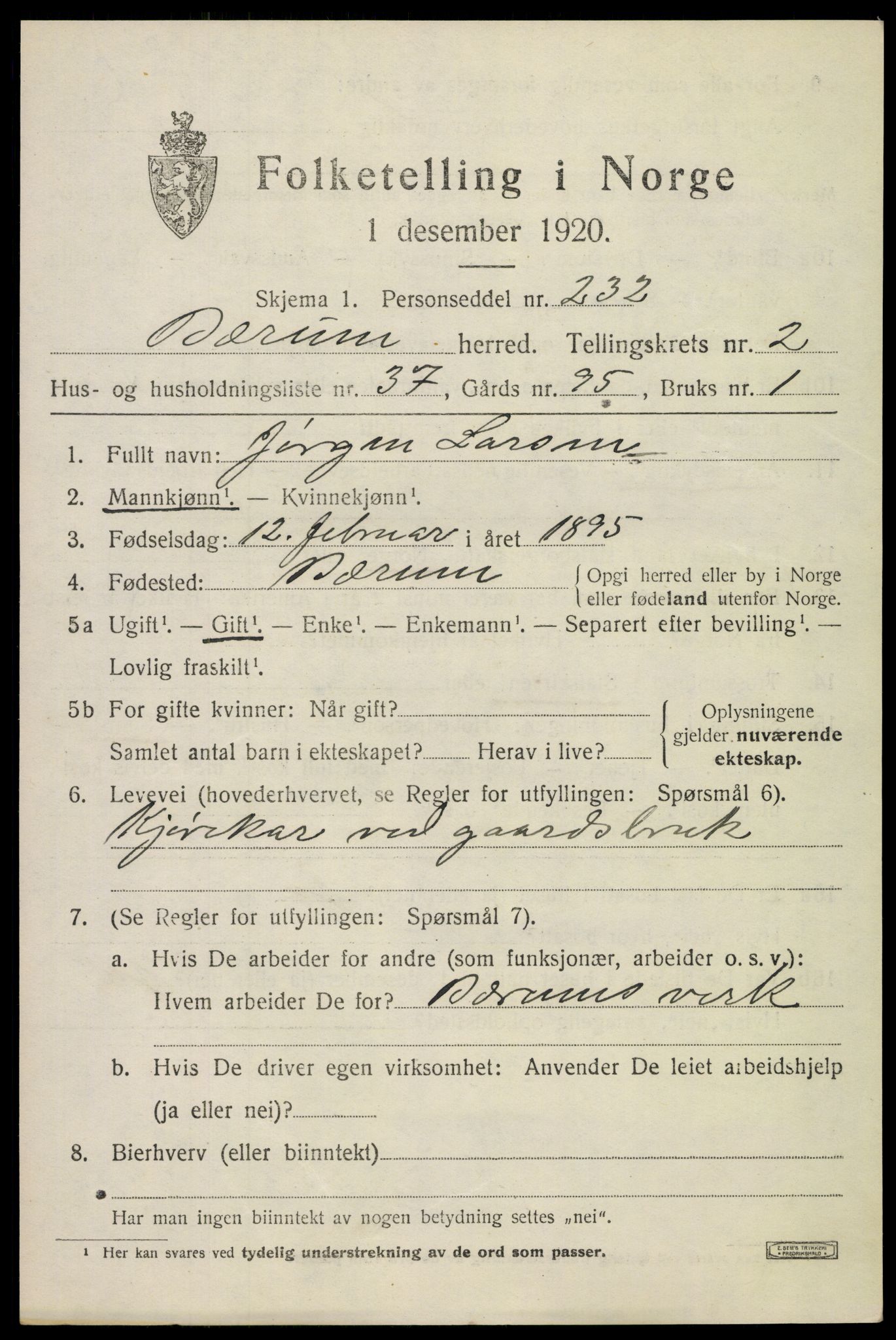 SAO, 1920 census for Bærum, 1920, p. 7016