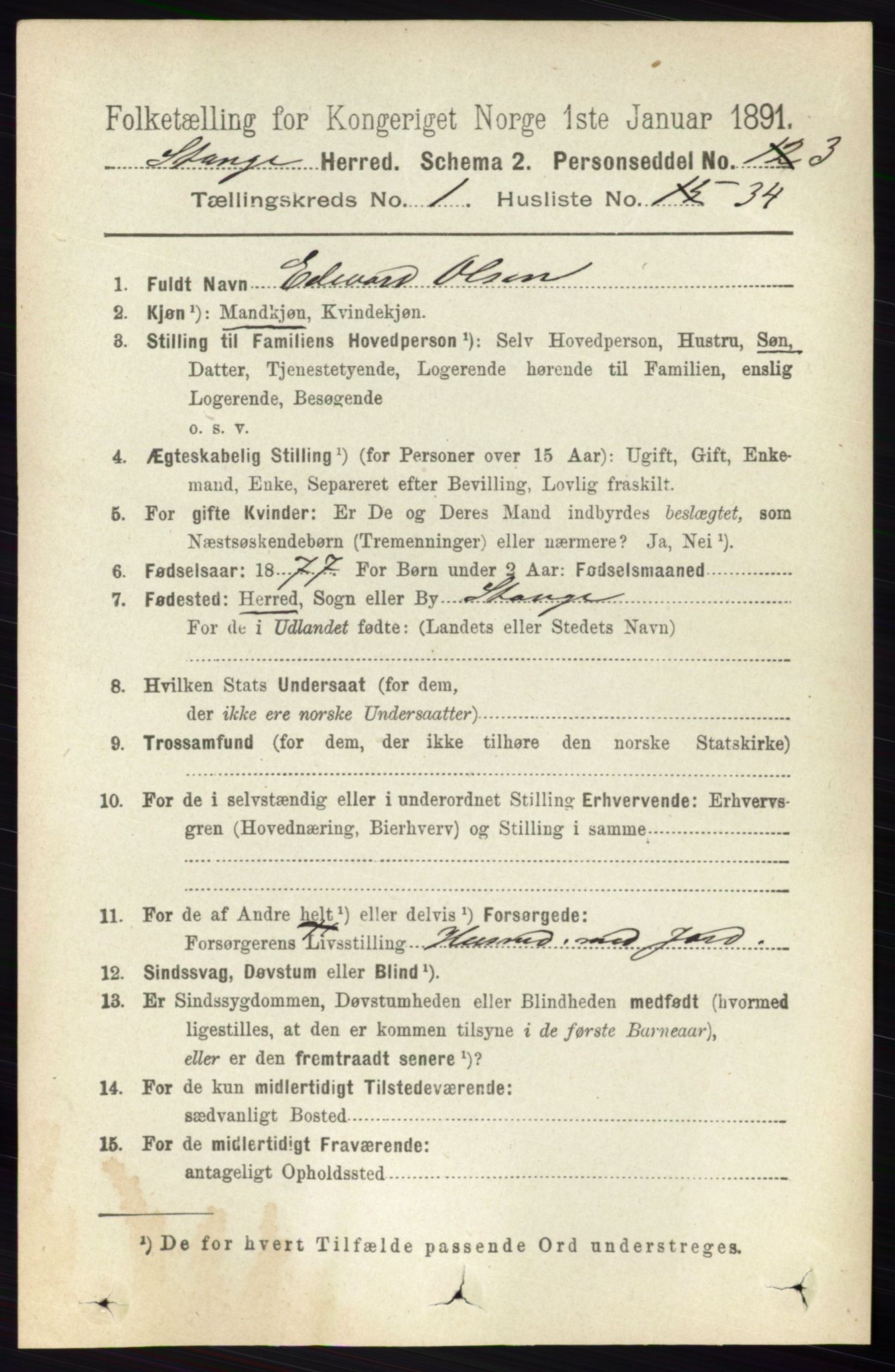 RA, 1891 census for 0417 Stange, 1891, p. 409