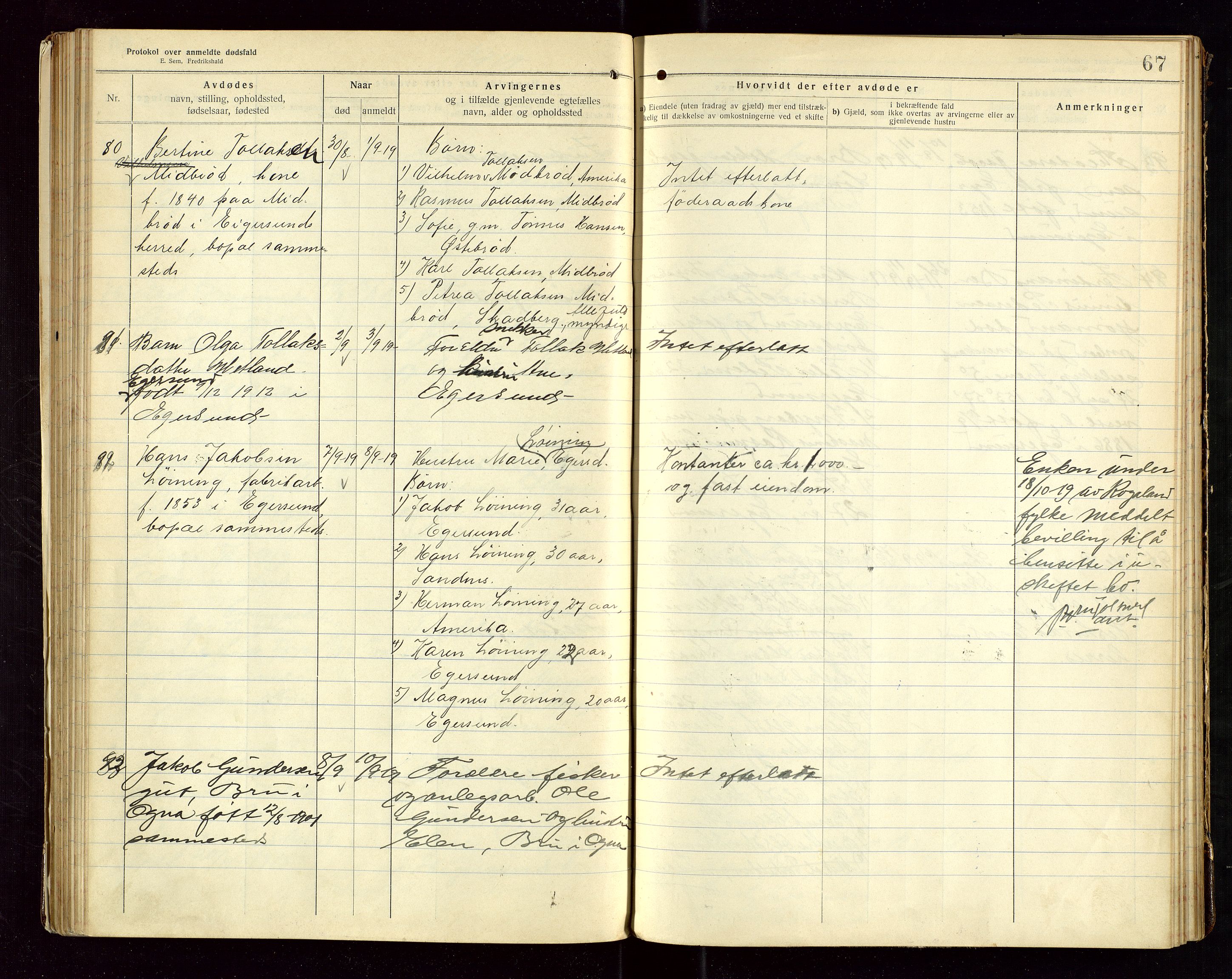 Eigersund lensmannskontor, AV/SAST-A-100171/Gga/L0007: "Protokol over anmeldte dødsfald" m/alfabetisk navneregister, 1917-1920, p. 67