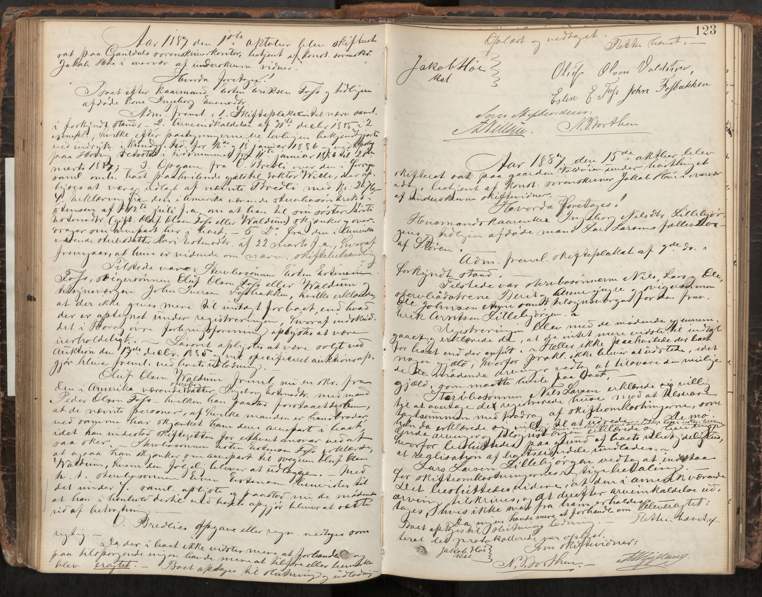 Gauldal sorenskriveri, AV/SAT-A-0014/1/3/3B/L0003: Skiftebehandlingsprotokoll, 1881-1896, p. 123