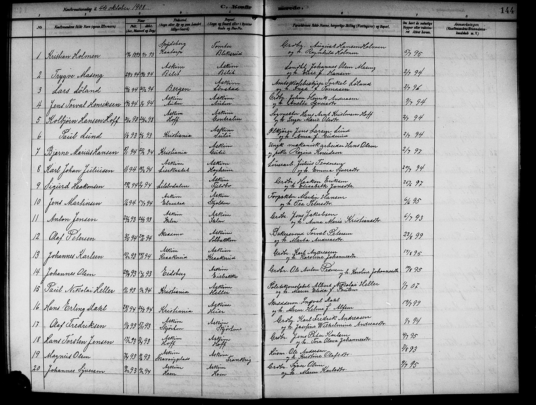 Askim prestekontor Kirkebøker, SAO/A-10900/G/Ga/L0002: Parish register (copy) no. 2, 1903-1921, p. 144