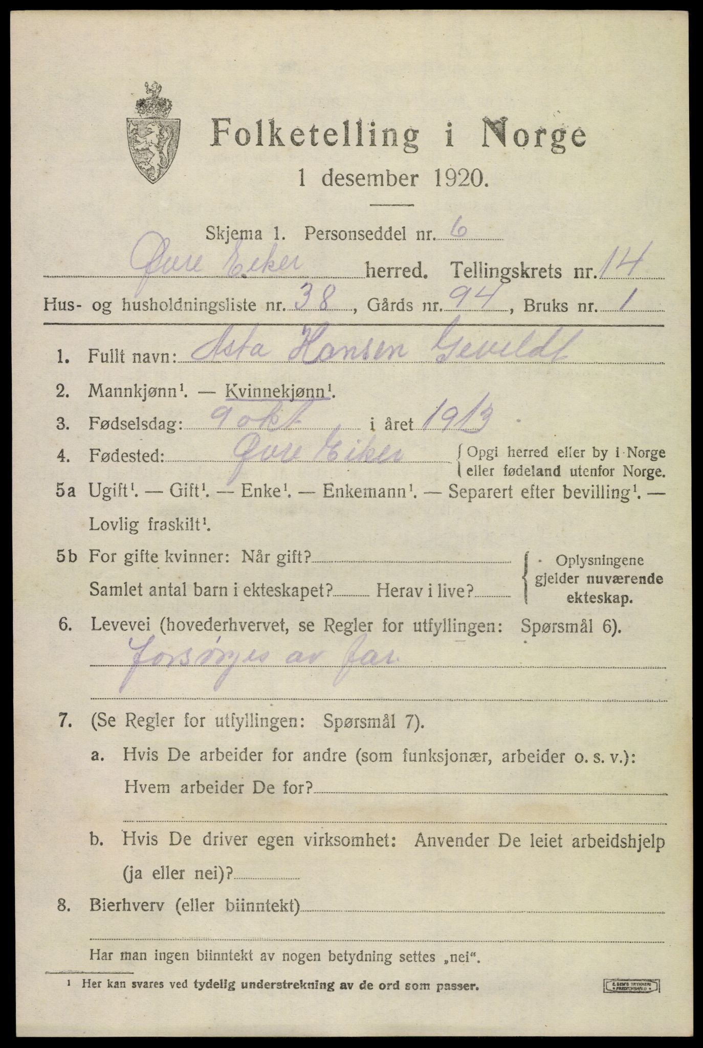 SAKO, 1920 census for Øvre Eiker, 1920, p. 20650