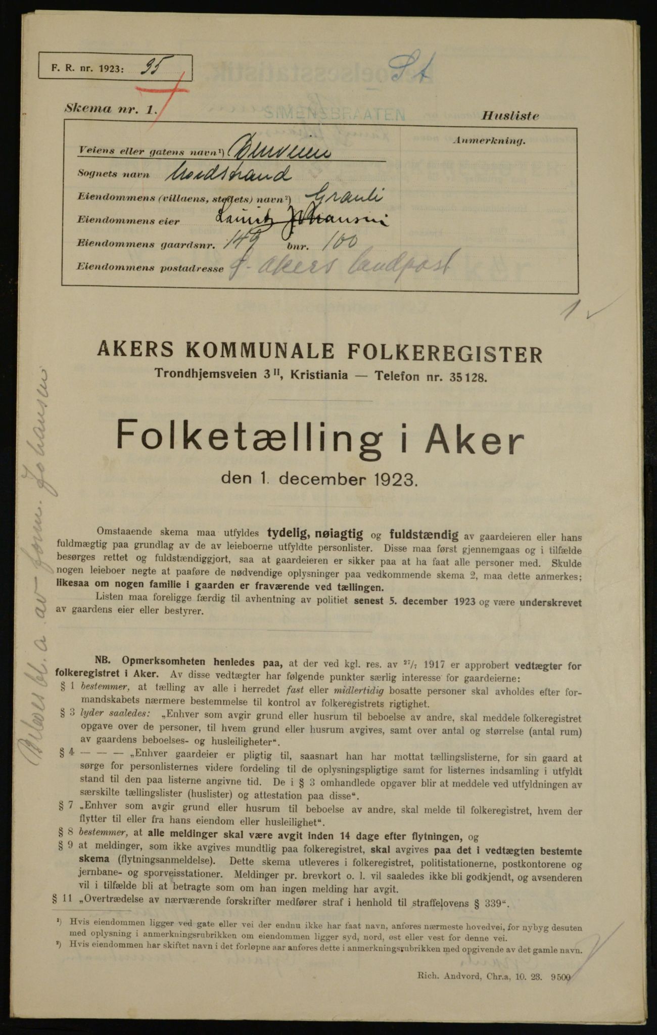 , Municipal Census 1923 for Aker, 1923, p. 36825