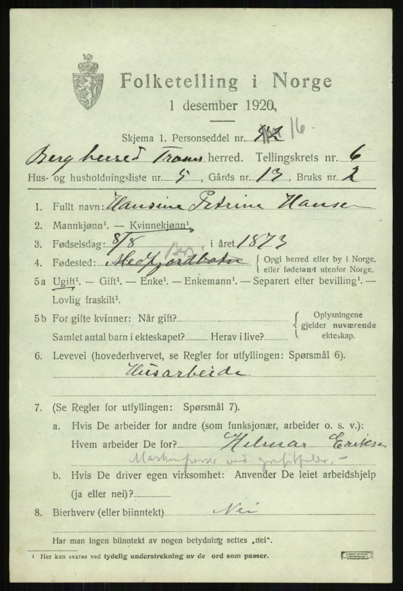 SATØ, 1920 census for Berg, 1920, p. 2155