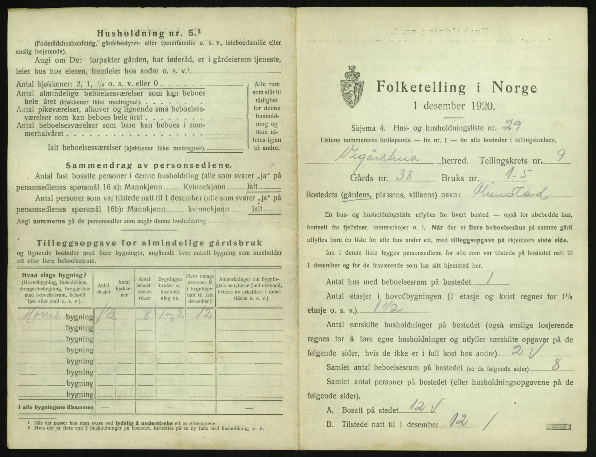 SAK, 1920 census for Vegårshei, 1920, p. 506