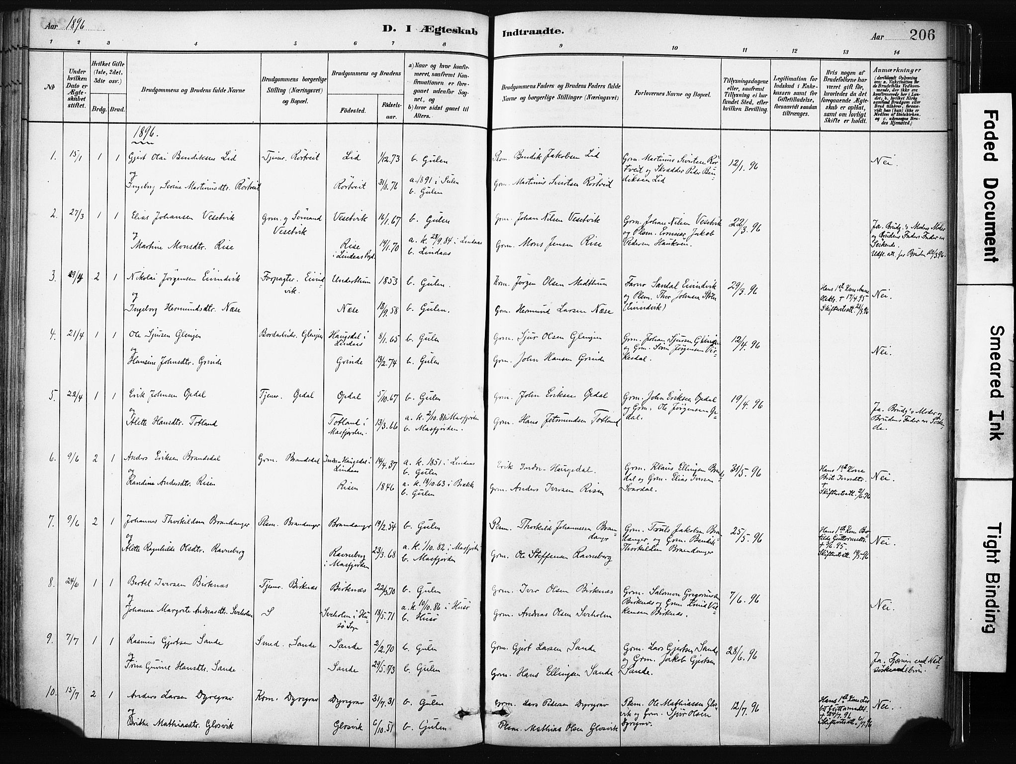 Gulen sokneprestembete, SAB/A-80201/H/Haa/Haab/L0001: Parish register (official) no. B 1, 1881-1905, p. 206