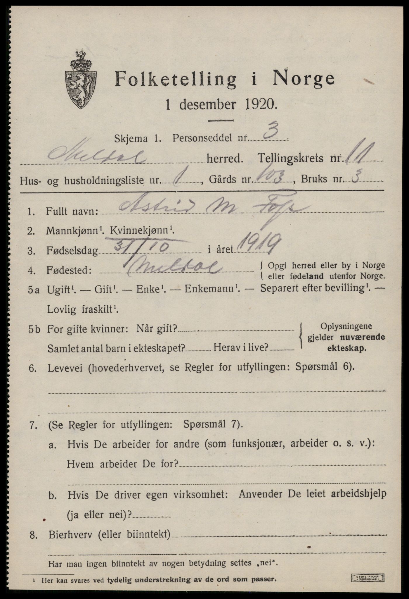 SAT, 1920 census for Meldal, 1920, p. 8503