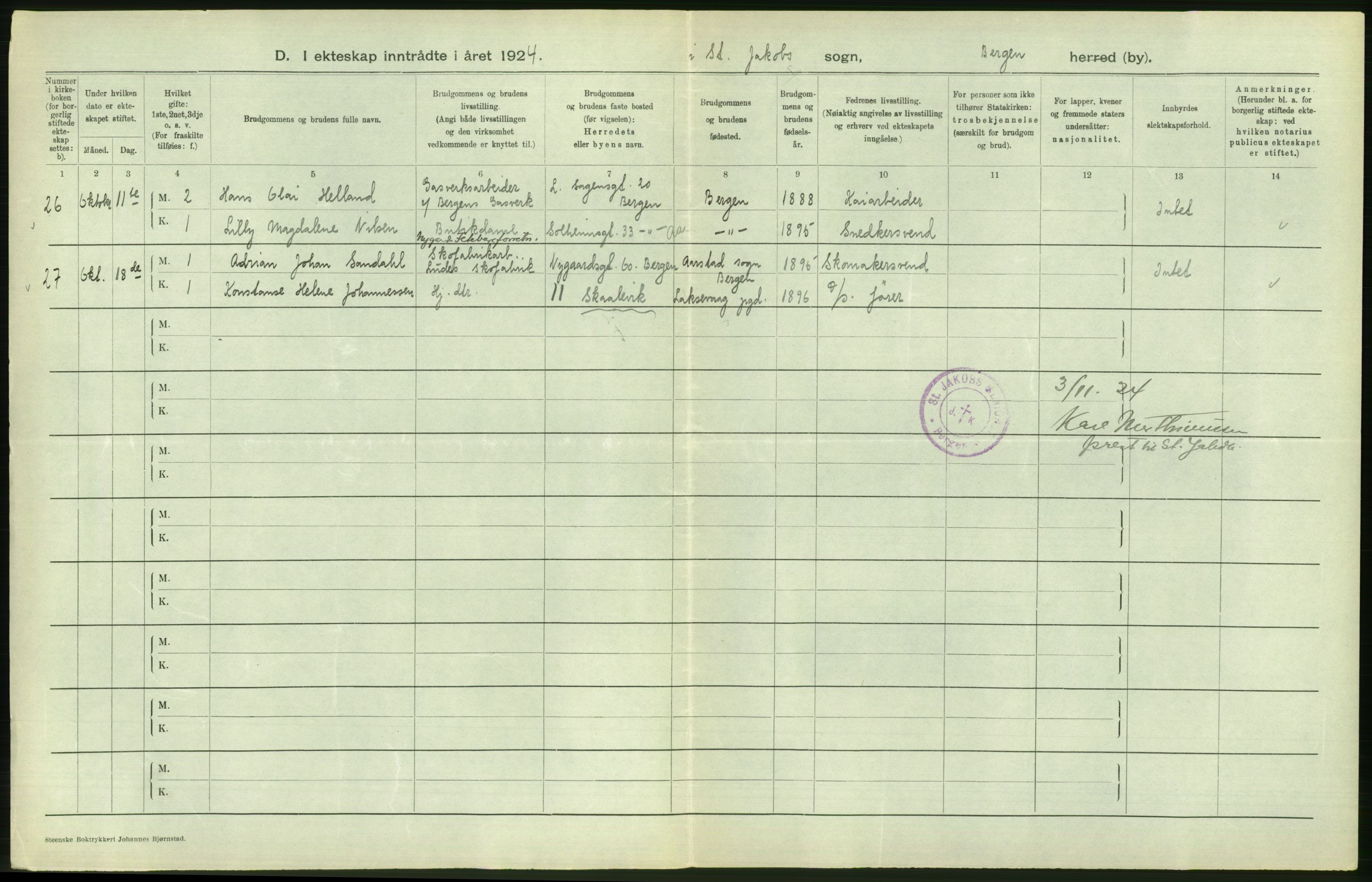 Statistisk sentralbyrå, Sosiodemografiske emner, Befolkning, RA/S-2228/D/Df/Dfc/Dfcd/L0028: Bergen: Gifte, døde., 1924, p. 302