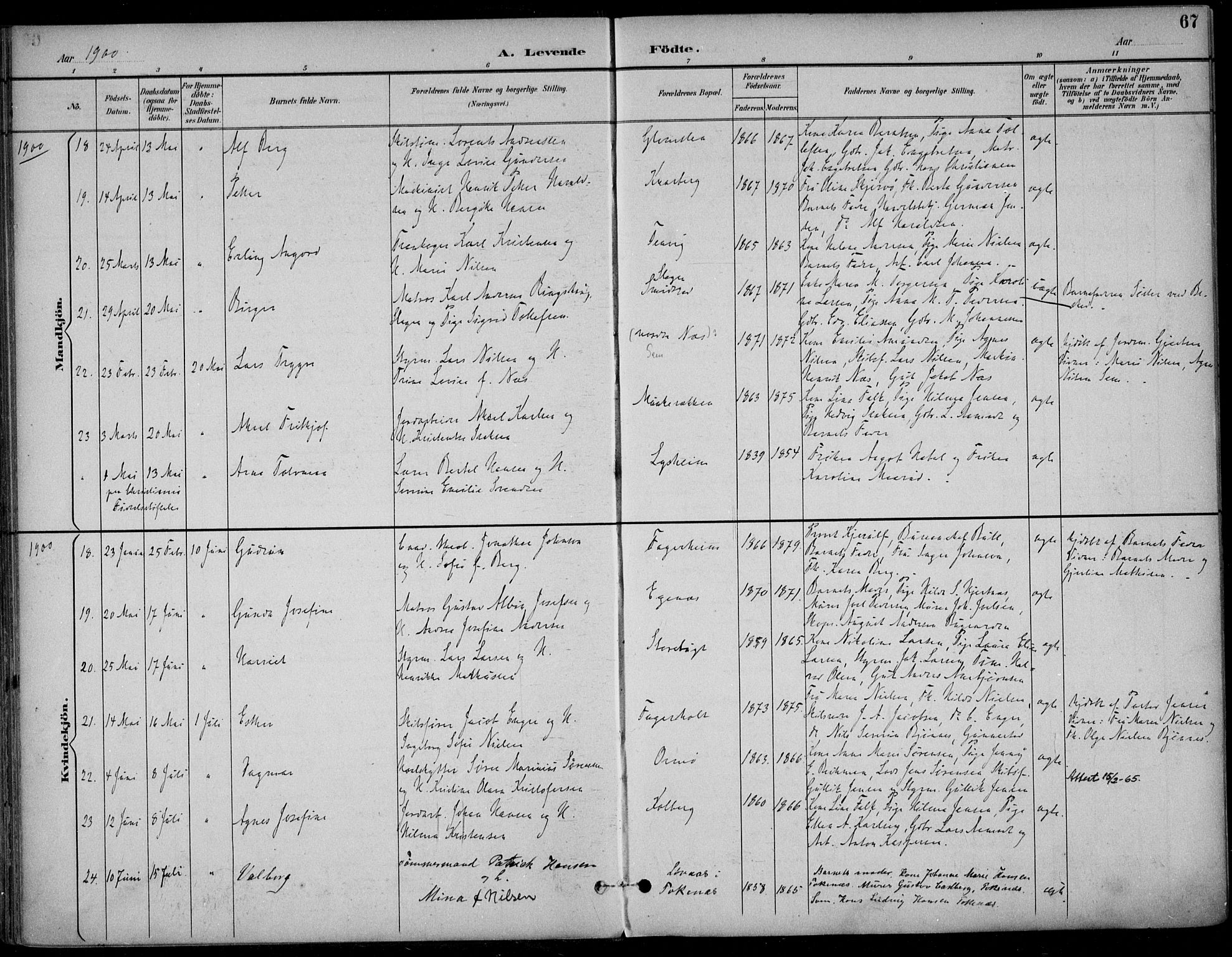 Nøtterøy kirkebøker, AV/SAKO-A-354/F/Fa/L0009: Parish register (official) no. I 9, 1894-1907, p. 67