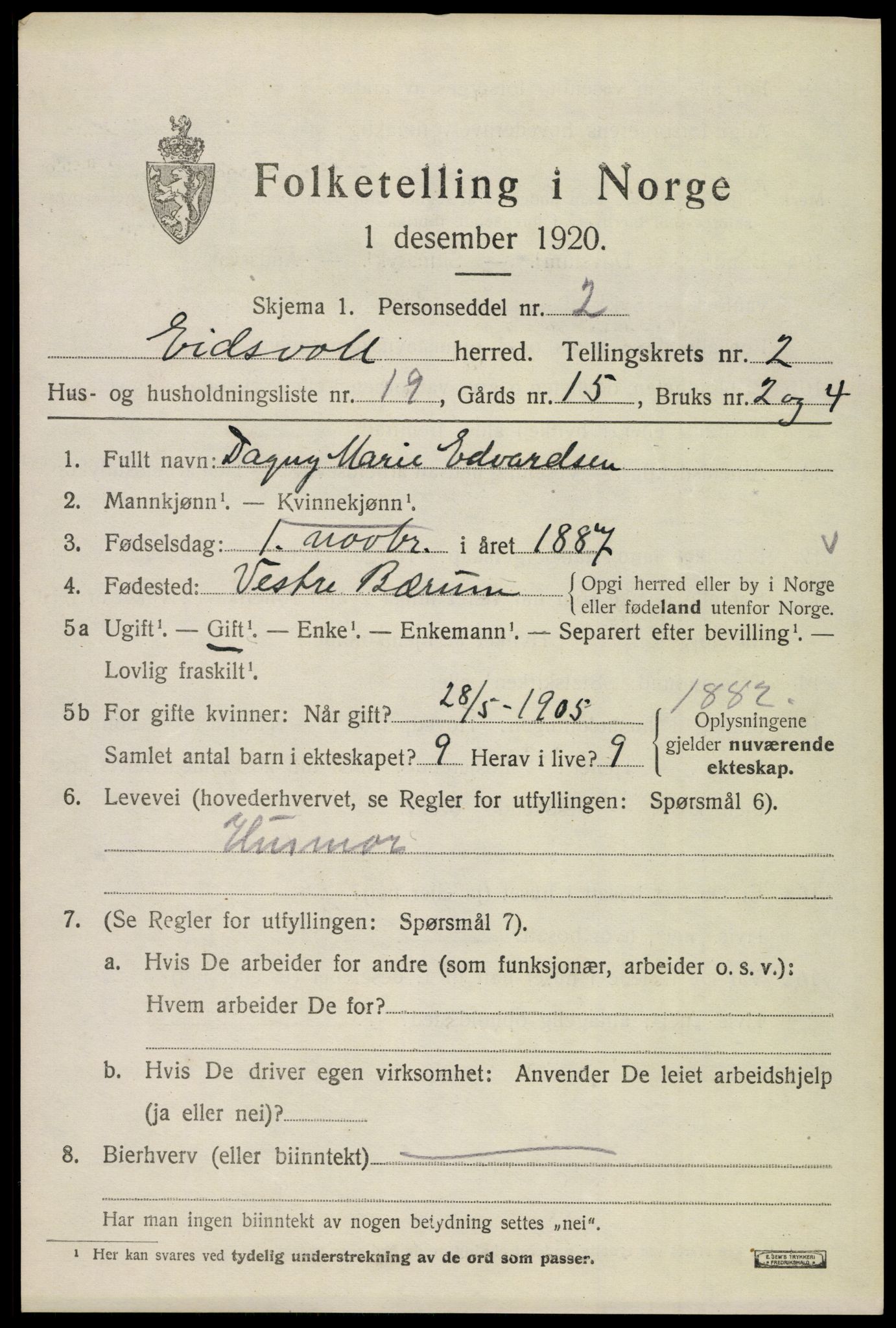 SAO, 1920 census for Eidsvoll, 1920, p. 6811