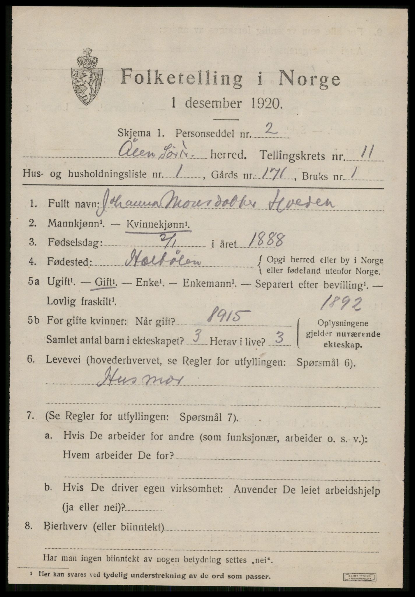 SAT, 1920 census for Ålen, 1920, p. 5164