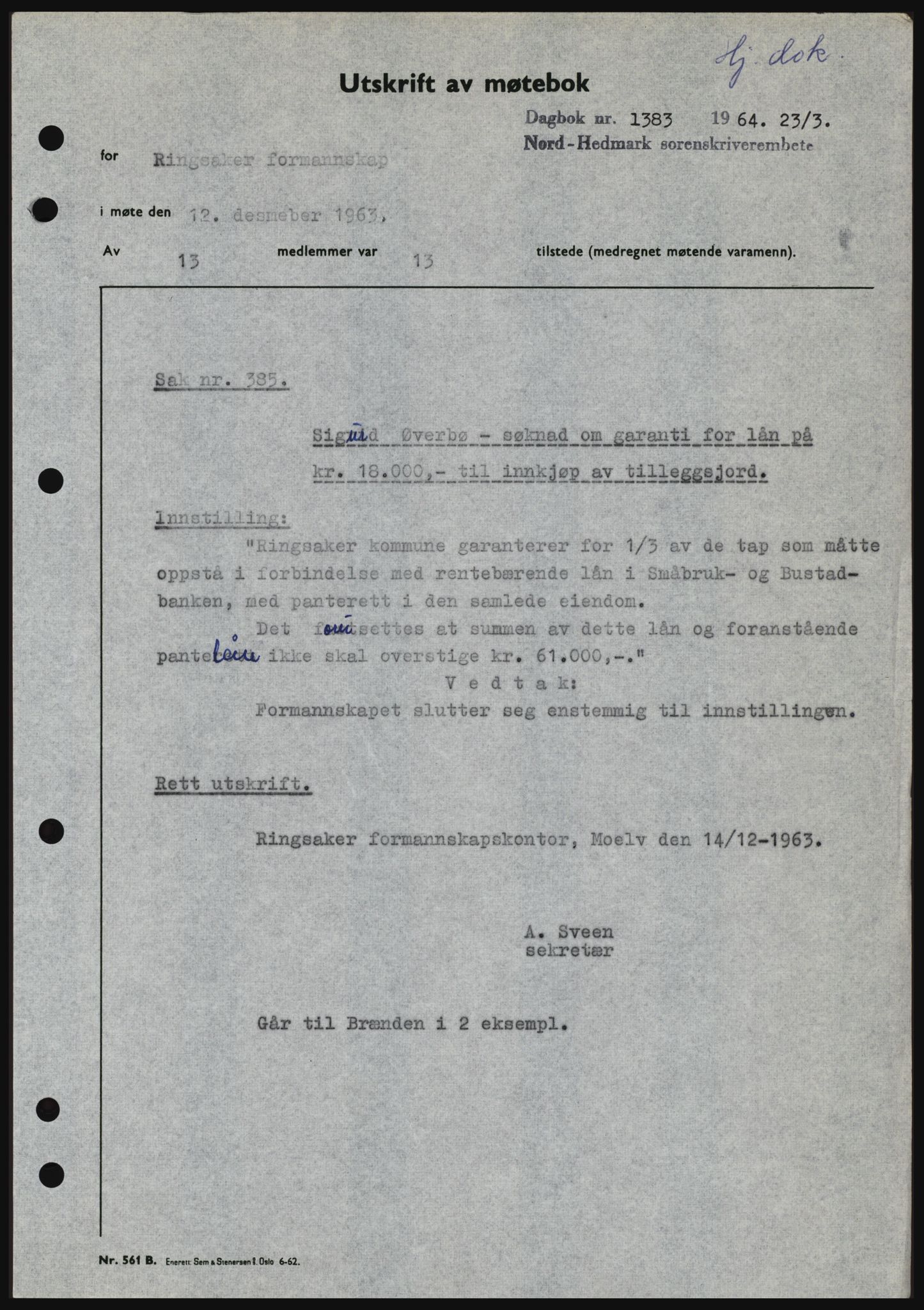 Nord-Hedmark sorenskriveri, AV/SAH-TING-012/H/Hc/L0019: Mortgage book no. 19, 1963-1964, Diary no: : 1383/1964