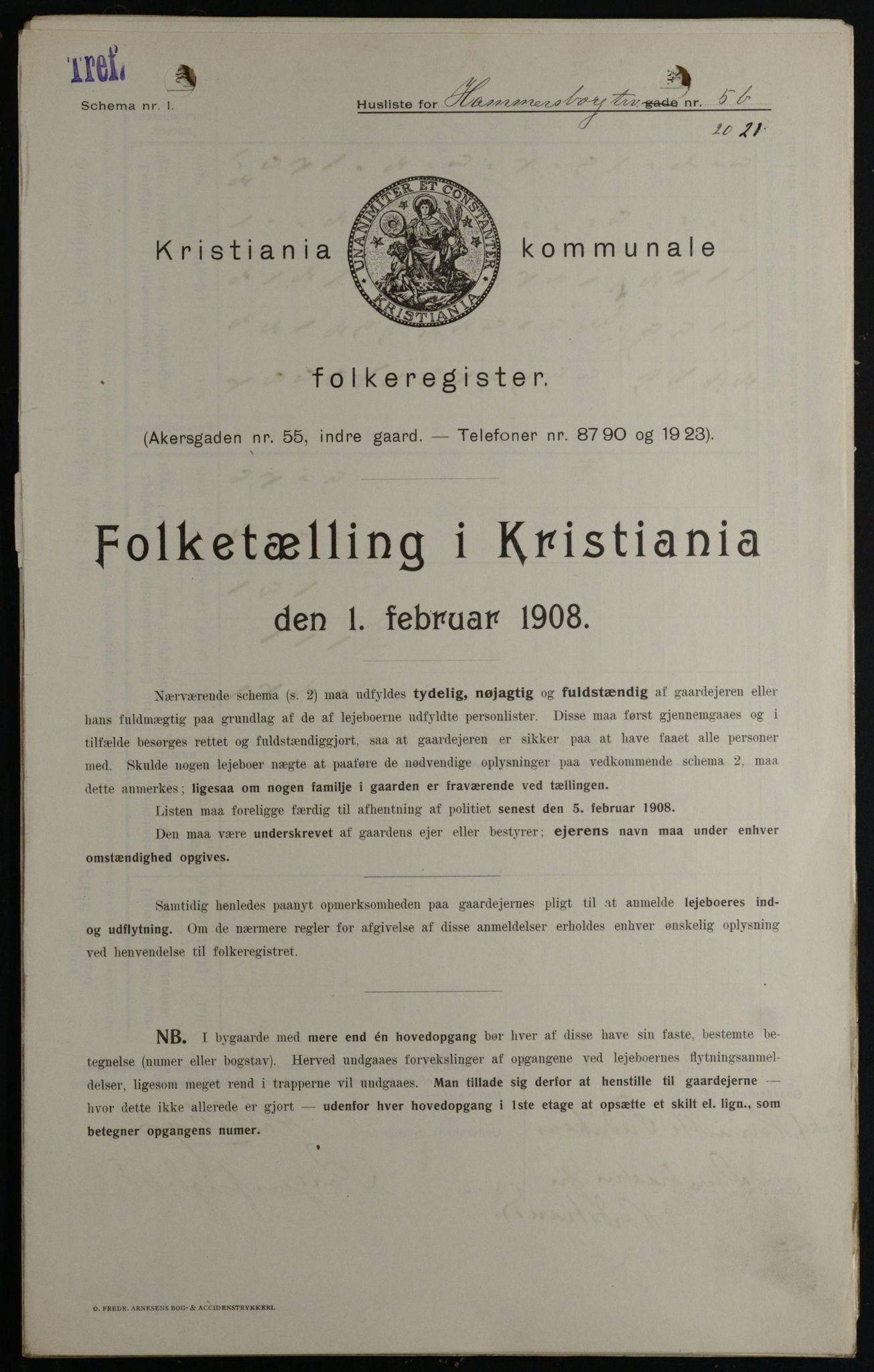 OBA, Municipal Census 1908 for Kristiania, 1908, p. 31016